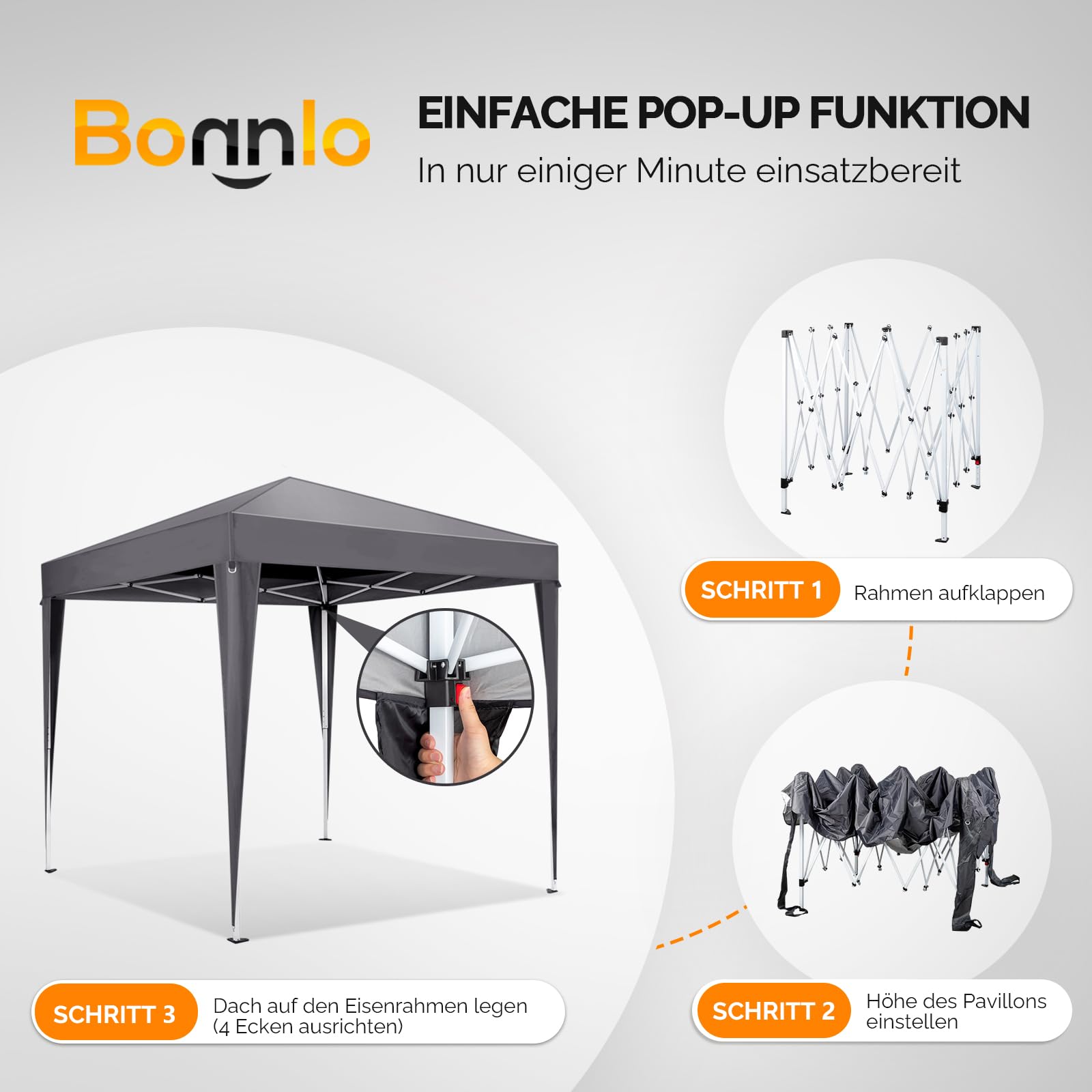 Bonnlo Pop-up Pavillon, Faltpavillon 3x3m, Höhenverstellbar, Wasserdicht Partyzelt mit 4 Seitenteilen, Gartenpavillon für Outdoor Hochzeit Garten Camping Party, Grau
