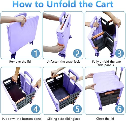 Miniatura 4 de Carrito plegable portátil plegable con mango telescópico de plástico resistente, plegable, 4 ruedas giratorias para viajes, compras, mudanza,