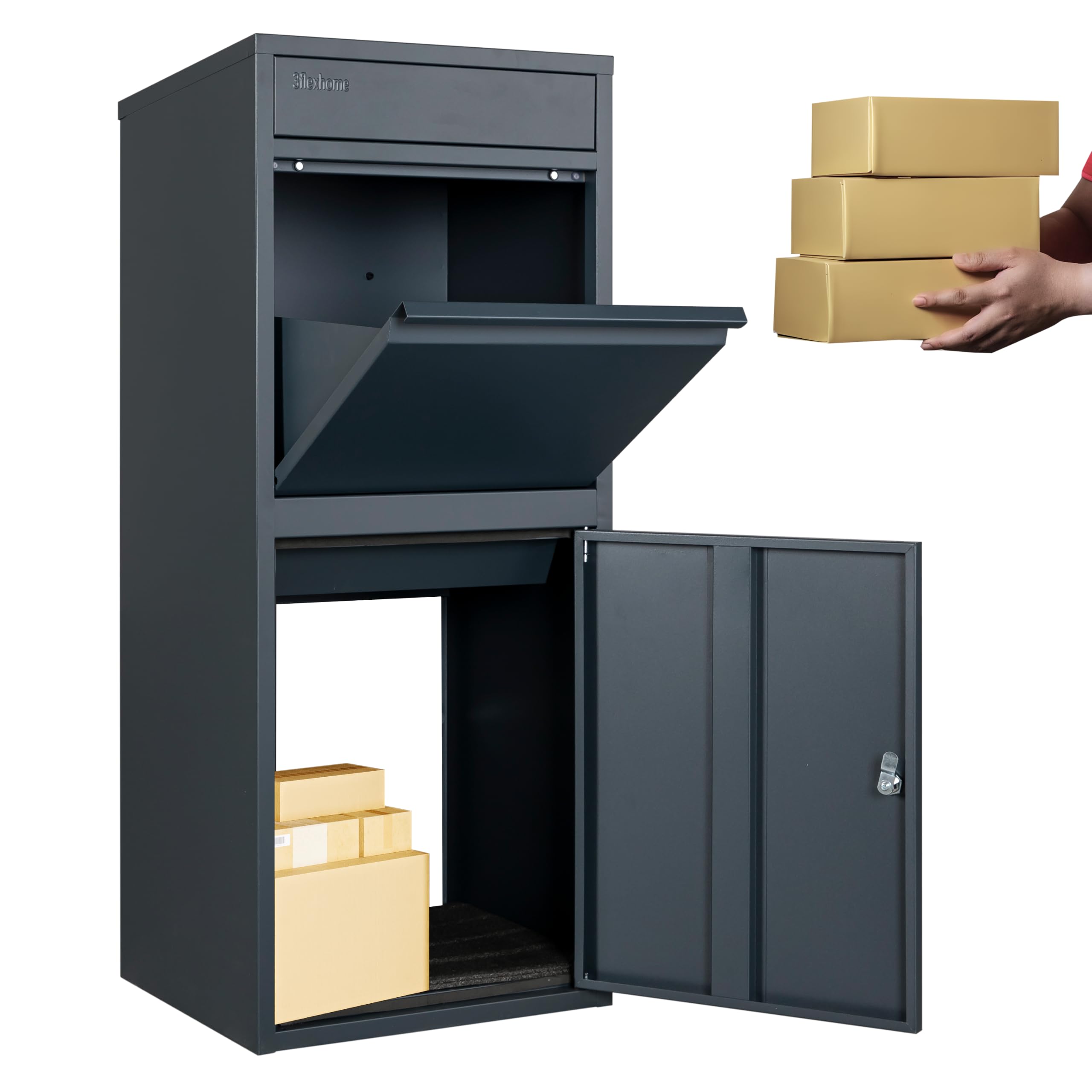 3Flexhome Grey Extra Large Parcel Delivery Box With Secure Rear & Front Access - Large Parcel Drop Box, Lockable Outdoor Delivery Box, Durable Weatherproof Parcel Drop Box For Multiple Packages (Grey)