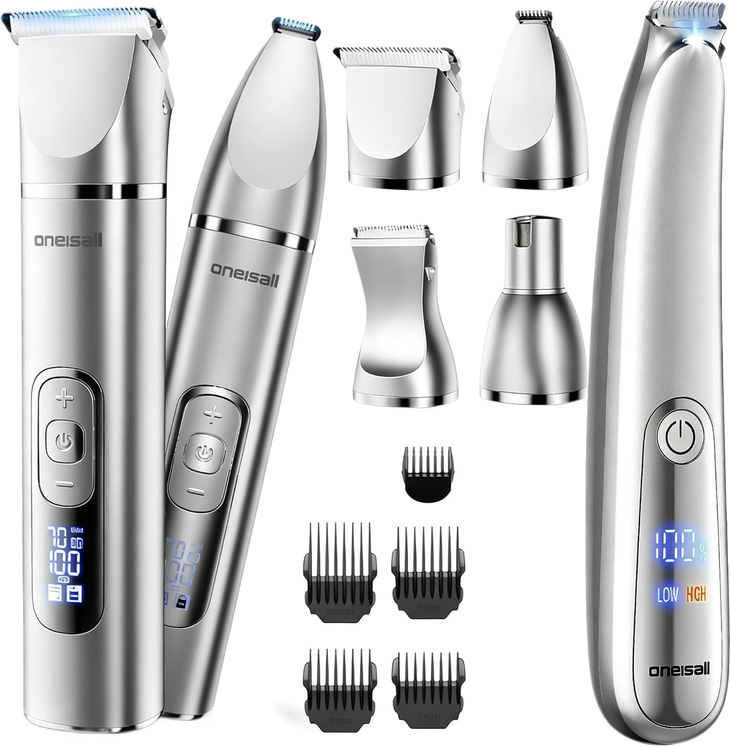 oneisall 4 in 1 Dog Grooming Kit with LCD Display and 2-Speed Dog Paw Trimmer Silver