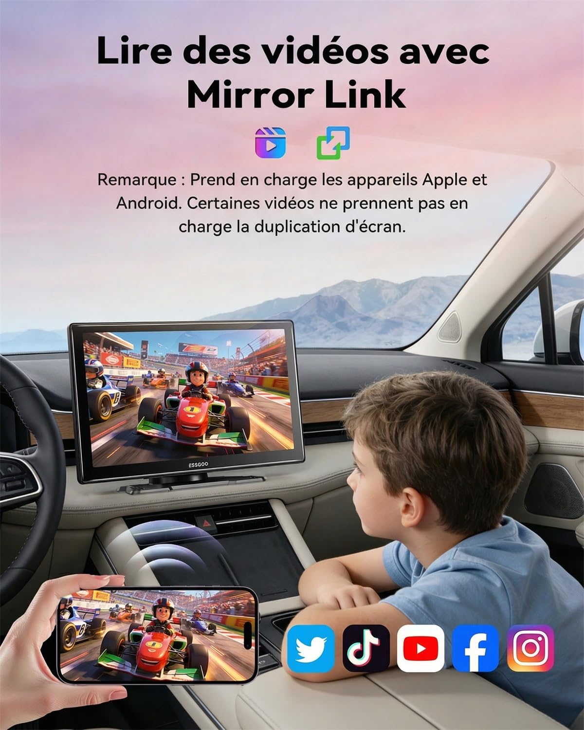 ESSGOO Écran CarPlay Voiture 9 Pouces avec Caméra de Recul Prend en Charge A-pple CarPlay & Android Auto,GPS,FM, Mirror Link, Appels Mains Libres Bluetooth, Siri et Google Assistant