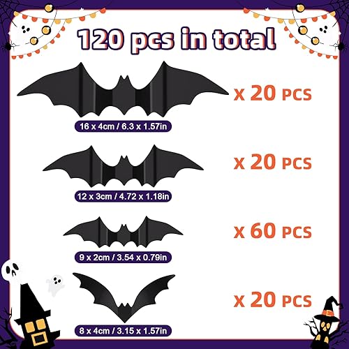 Miniatura 4 de 120 piezas de decoración de murciélagos de Halloween, 4 tamaños, impermeables, extraíbles, 3D, calcomanías de murciélagos aterradores para
