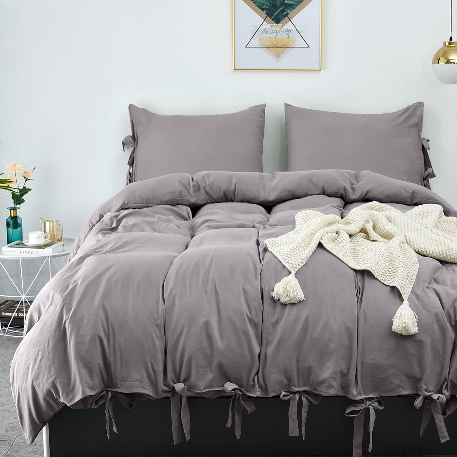 LHKIS Duvet Cover Queen, Light Grey Soft Duvet Cover Set, Farmhouse Microfiber Comforter Cover Hotel Bowtie Bedding Duvet Cover 3 Pieces