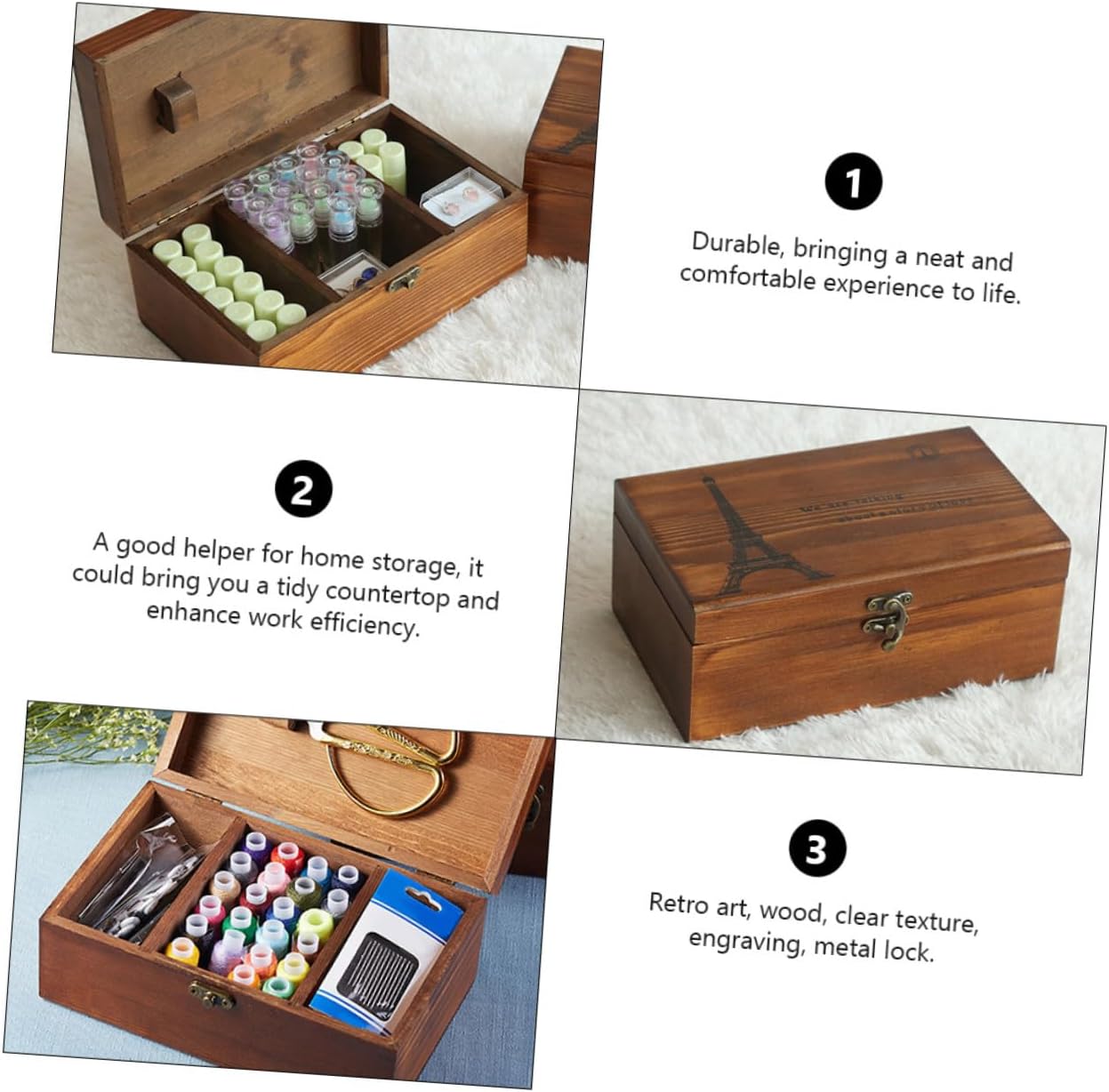 Cabilock 1pc Multifunctional Vintage Wooden Sewing Kit Box Stylish Storage Container for Home Sundries Needle Thread and Craft Items for Organizing and Travel