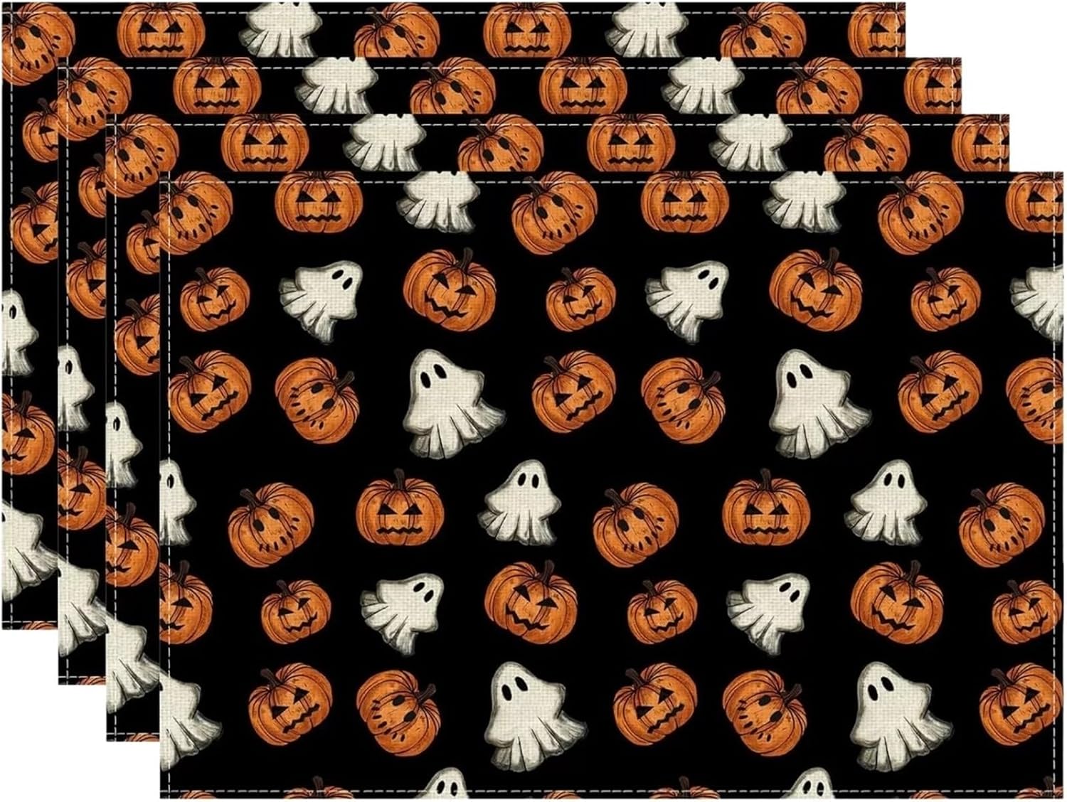 Black Spooky Ghost Pumpkin Halloween Placemats Table Mats for Party Home Kitchen Dining Table Decorations 12x18 Inch(9,6PCS)