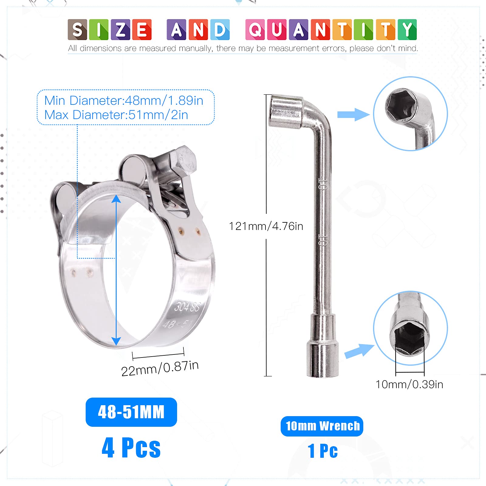 Glarks 4Pcs 48-51mm T-Bolt Hose Clamps 304 Stainless Steel Heavy Duty Ear Clamp Tube Clamp Adjustable Pipe Clamps for 1.9''-2'' Dia Range Hose (48-51MM) - Image 2