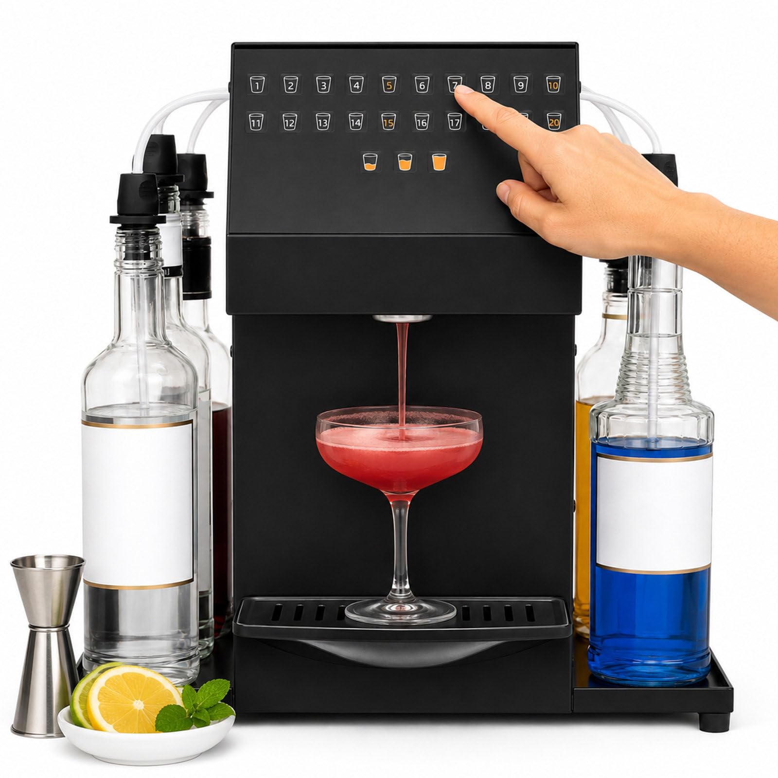 Distributeur de cocktails professionnel, nettoyage automatique rapide en 3 minutes pour éviter le transfert de saveurs et 6 emplacements pour bouteilles, 20 recettes personnalisées | Machine à