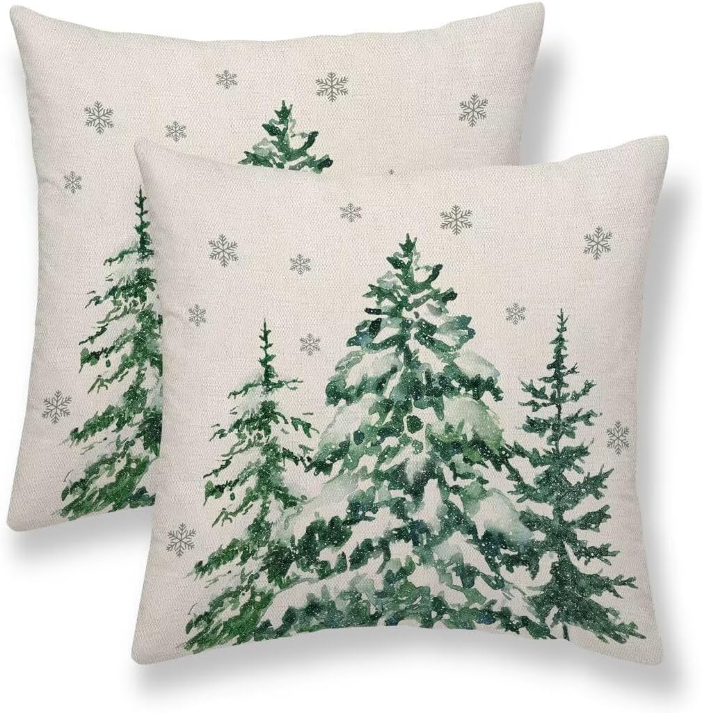 Christmas Pillow Covers - 22 x 22 Inch Set of 2 Forest Trees Decor Green Linen Throw Pillows for Home Decor Sofa Couch Living Room