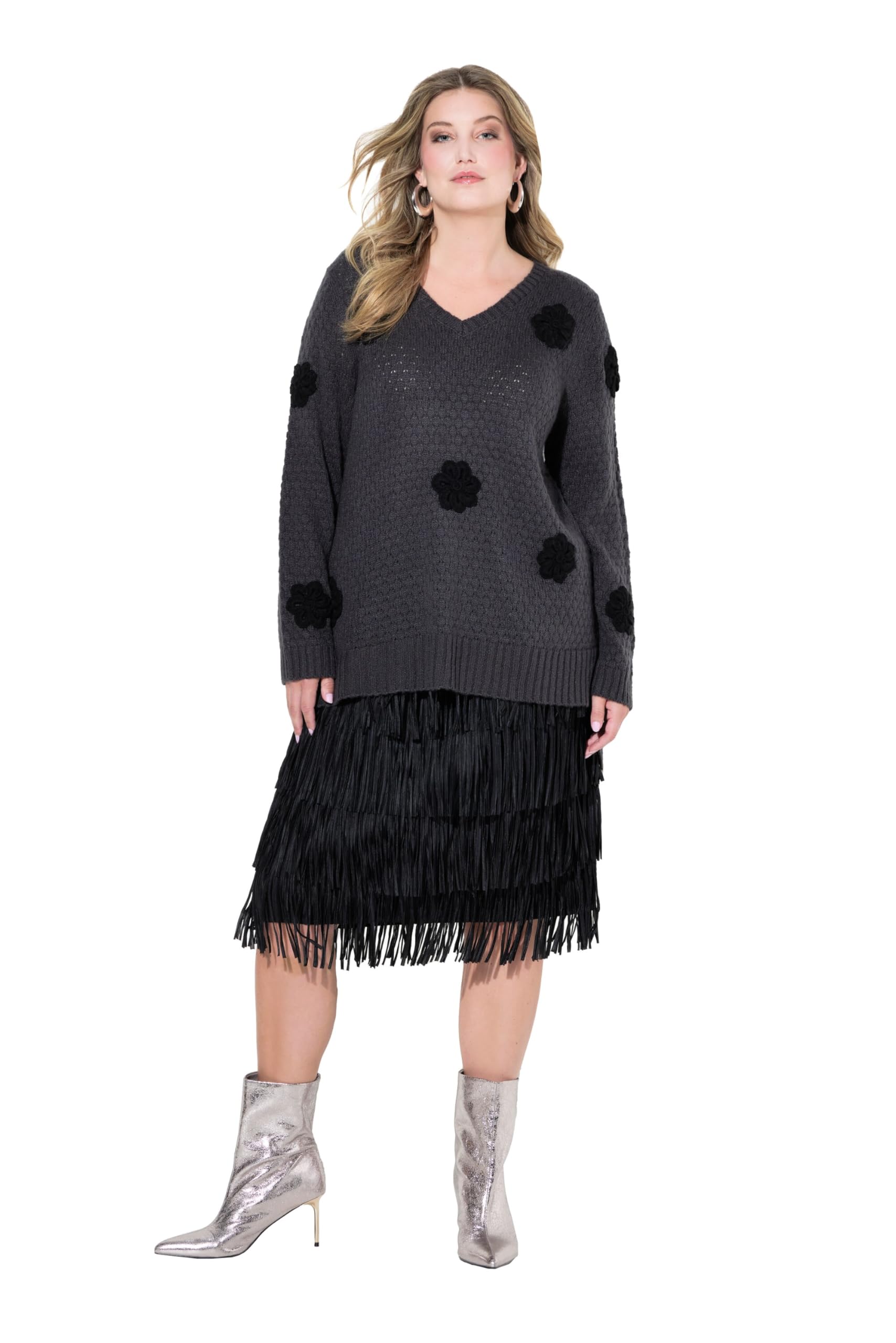 MIAMODA Damen große Größen Übergrößen Plus Size Pullover, Classic Fit, 3D Blüten, Seitenschlitze 836040