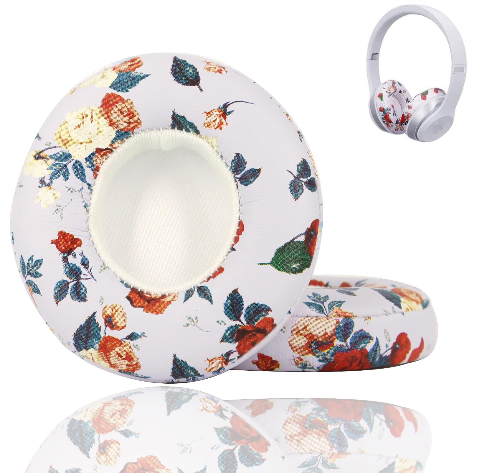 Professional Ear Pads Cushions Replacement, SEEFY Earpads Compatible with Beats Solo2 & Solo3 Wireless On-Ear Headphones with Soft Protein Leather/Strong Adhesive Tape (Floral White)