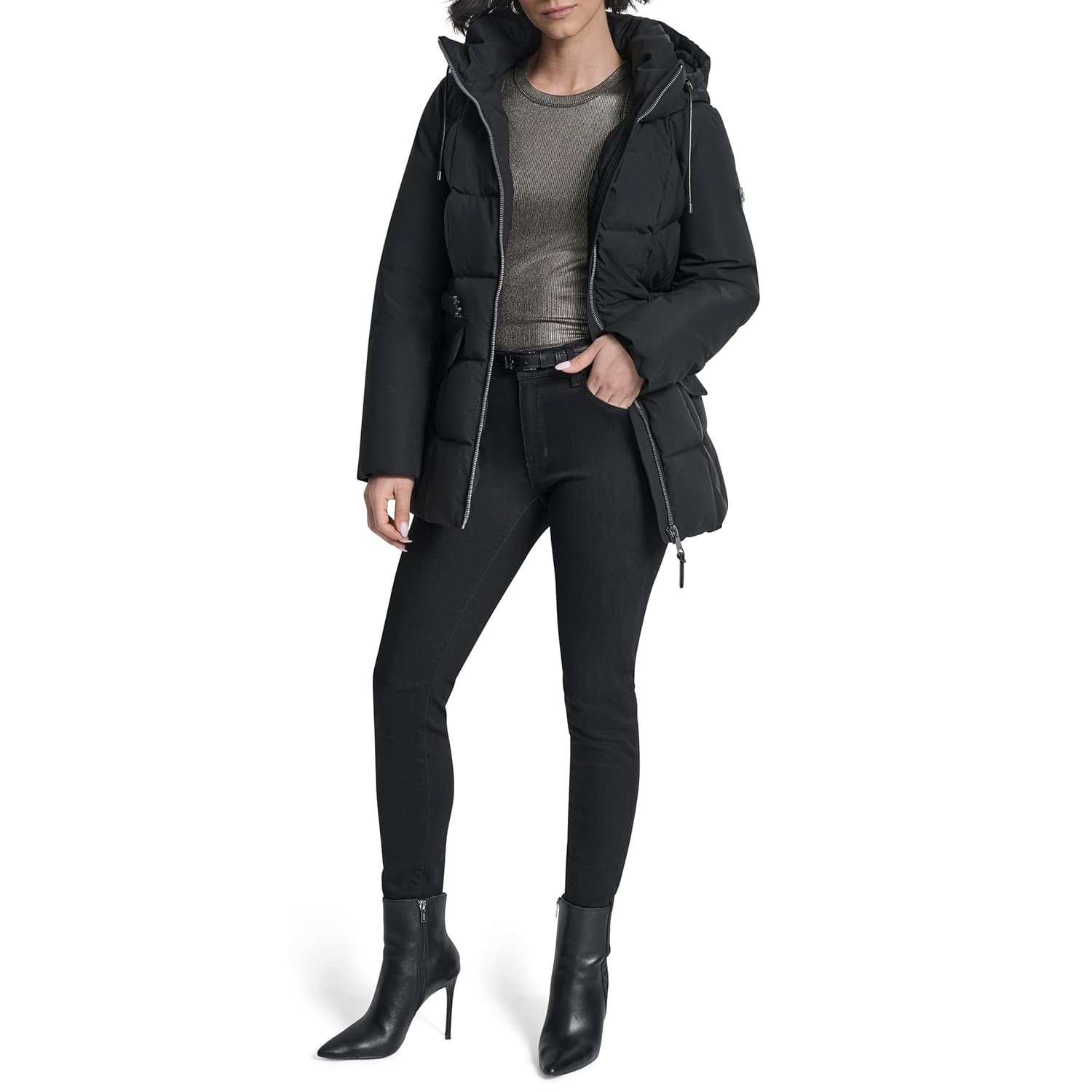 DKNY womens Short Hooded Puffer Jacket With Belt – Quilted Waist-defining Winter Coat - Image 10