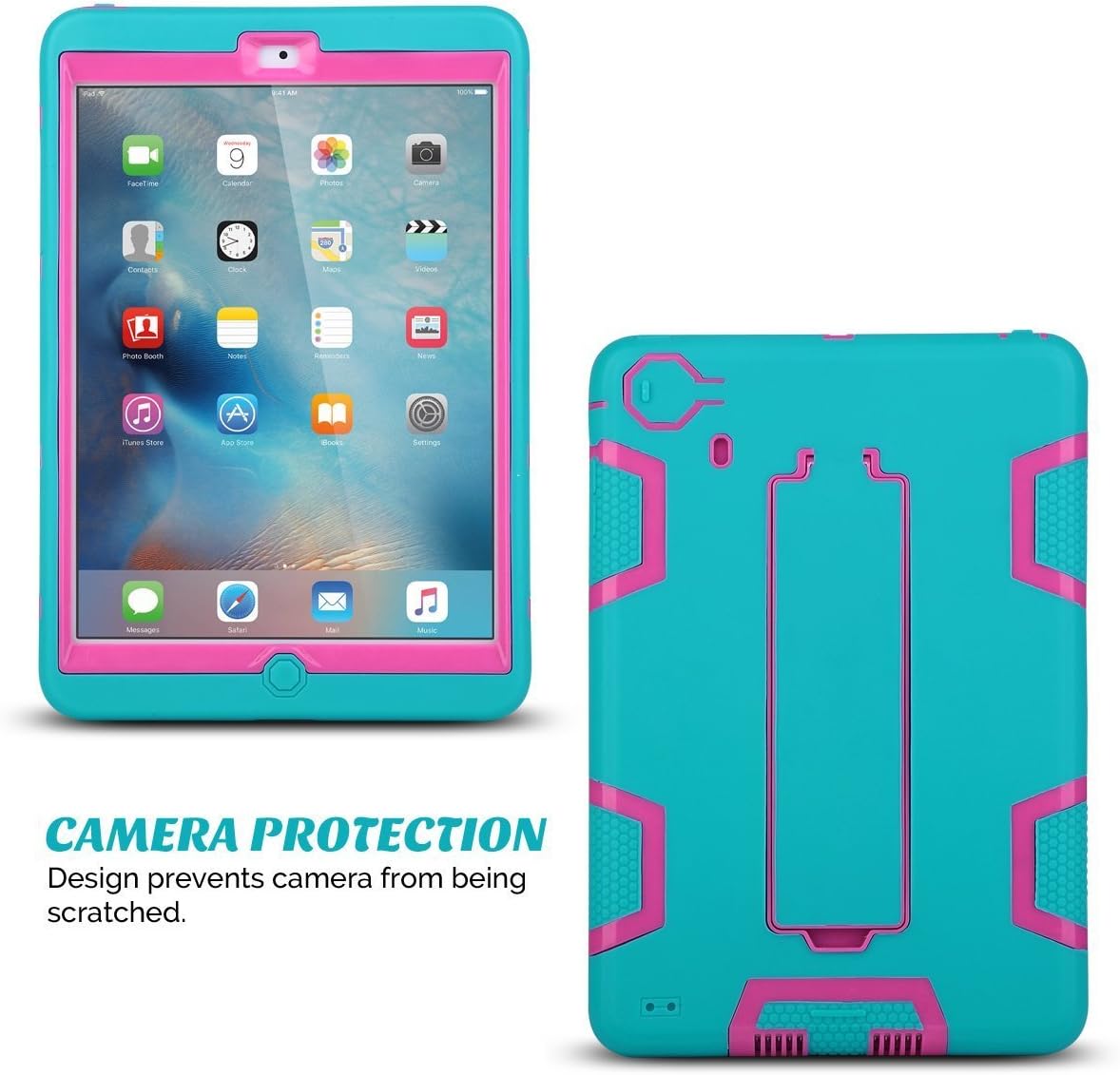 iPad Mini Case, iPad Mini 2 Case, ULAK iPad Mini 3 Three Layer Hybrid Protective Stand Case Cover for Apple iPad Mini 1 / iPad Mini 2 / iPad Mini 3 (7.9 inch)(Rose Red/Aquamarine Blue)
