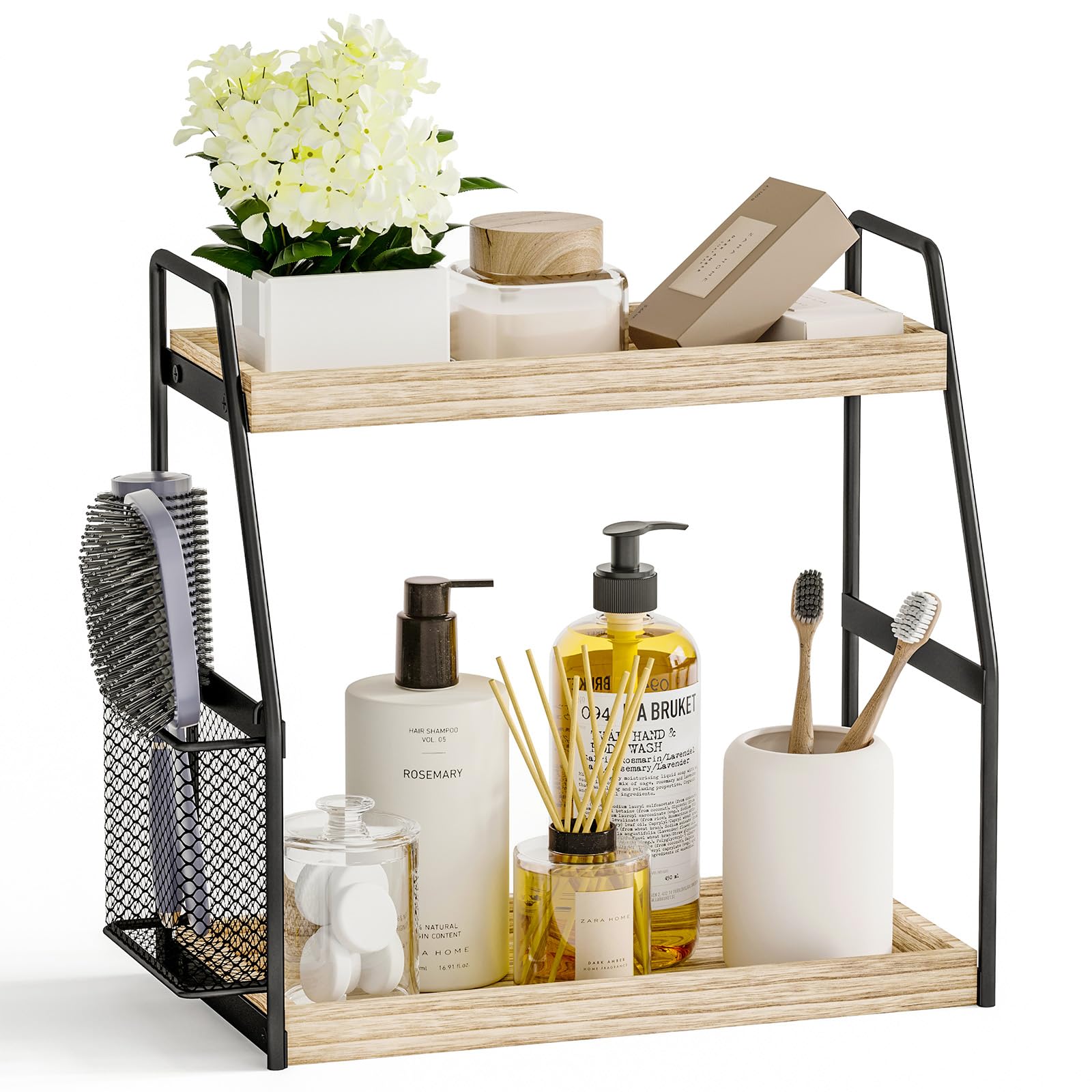 Fixwal Bathroom Organizer Countertop, 2-Tier Wood Counter Organizers with Basket, Cosmetic Storage Standing Vanity Tray Makeup Kitchen Spice Rack, Light Brown