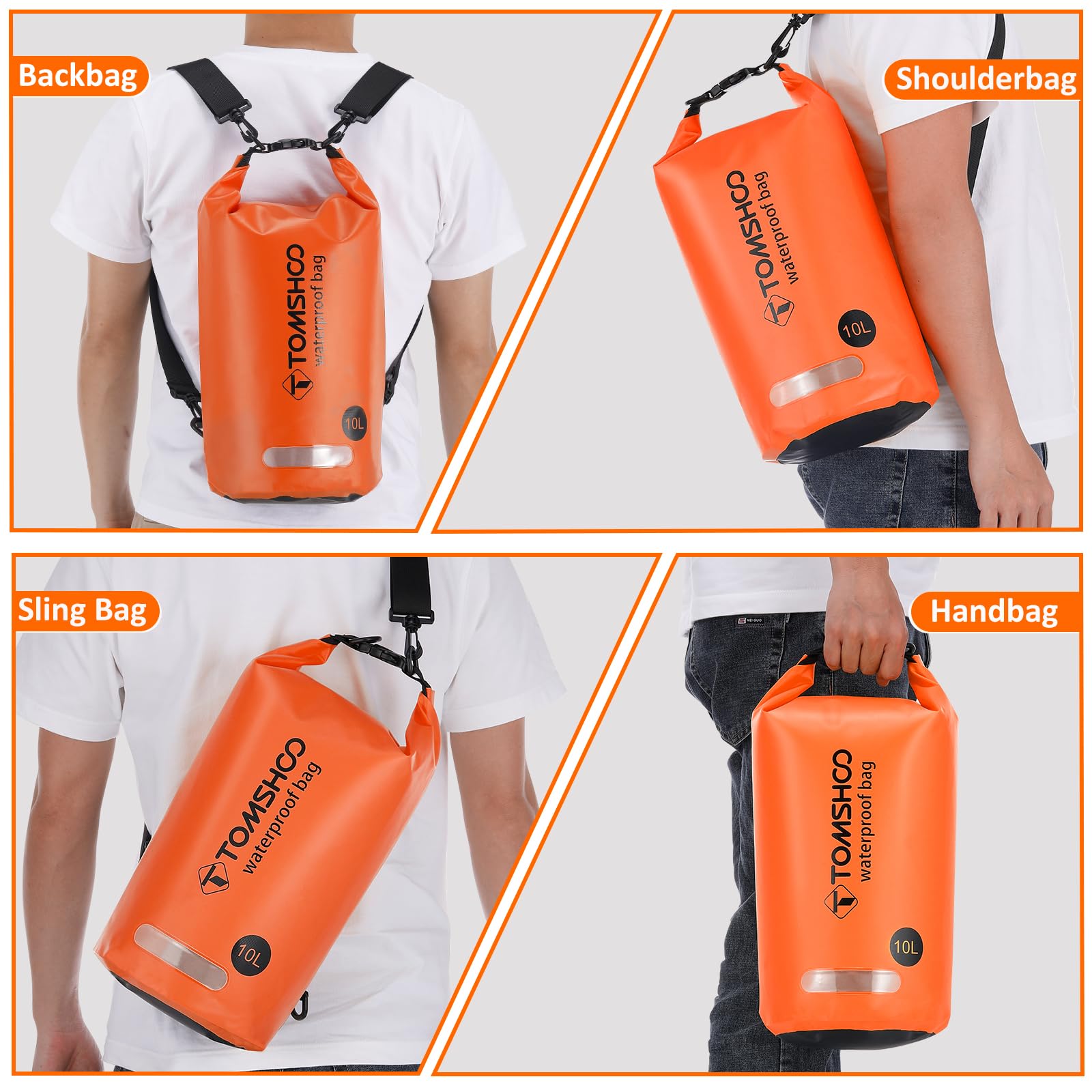 TOMSHOO Dry Bag Set, Wodoodporny Plecak 10L/20L z Wodoodpornym Pokrowcem i Kieszeń na Telefon Komórkowy, Regulowany Pasek na Ramię, Wodoodporny Plecak na Spływy Kajakowe, 10L, Pomarańczowy