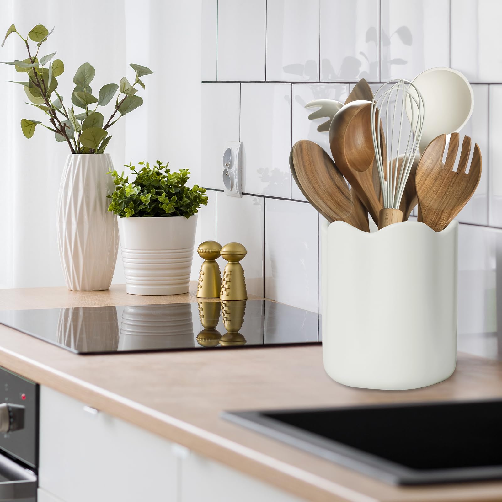 LYRIMEAI Ceramic Utensil Holder for Kitchen Counter, Large Kitchen Utensil Holder for Countertop with Cork Bottom, Cooking Tool Organizer for Spatula, Whtie