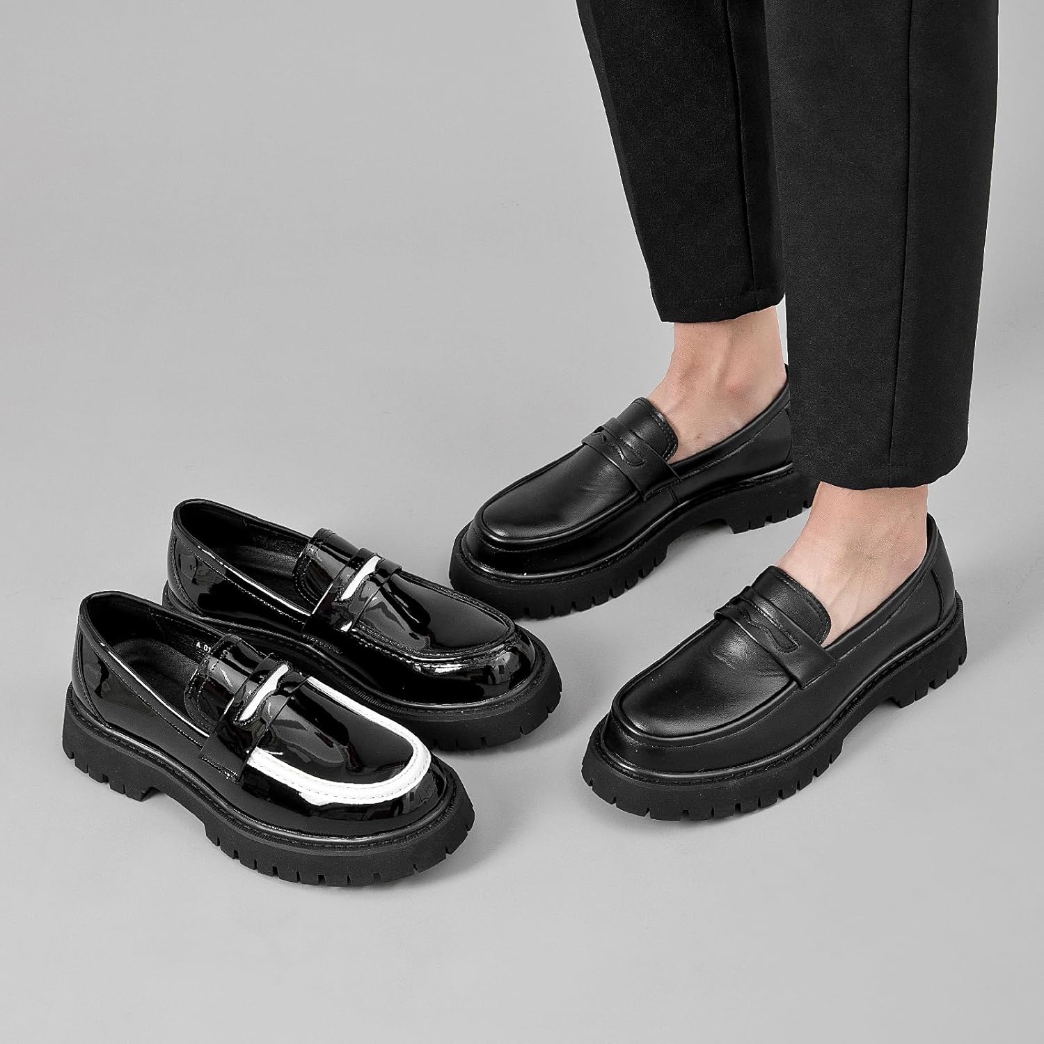 Men's Leather Platform Penny Loafers Round Toe Slip-On Non-Slip Lug Sole Dress Shoes for Business Work Daily Wear