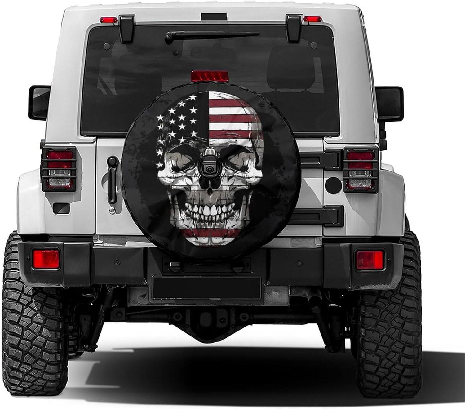 Skull American Flag Spare Tire Cover with Backup Camera Hole Wheel Tire Cover Fit Trailer, RV, SUV and Many Vehicle 17inch