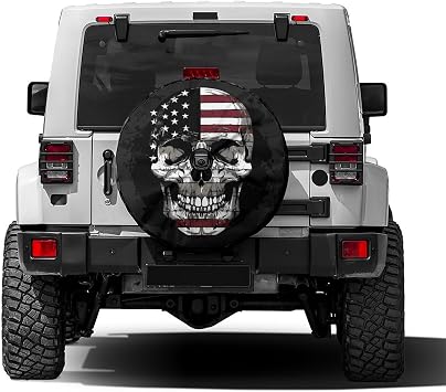 Skull American Flag Spare Tire Cover with Backup Camera Hole Wheel Tire Cover Fit Trailer, RV, SUV and Many Vehicle 18inch