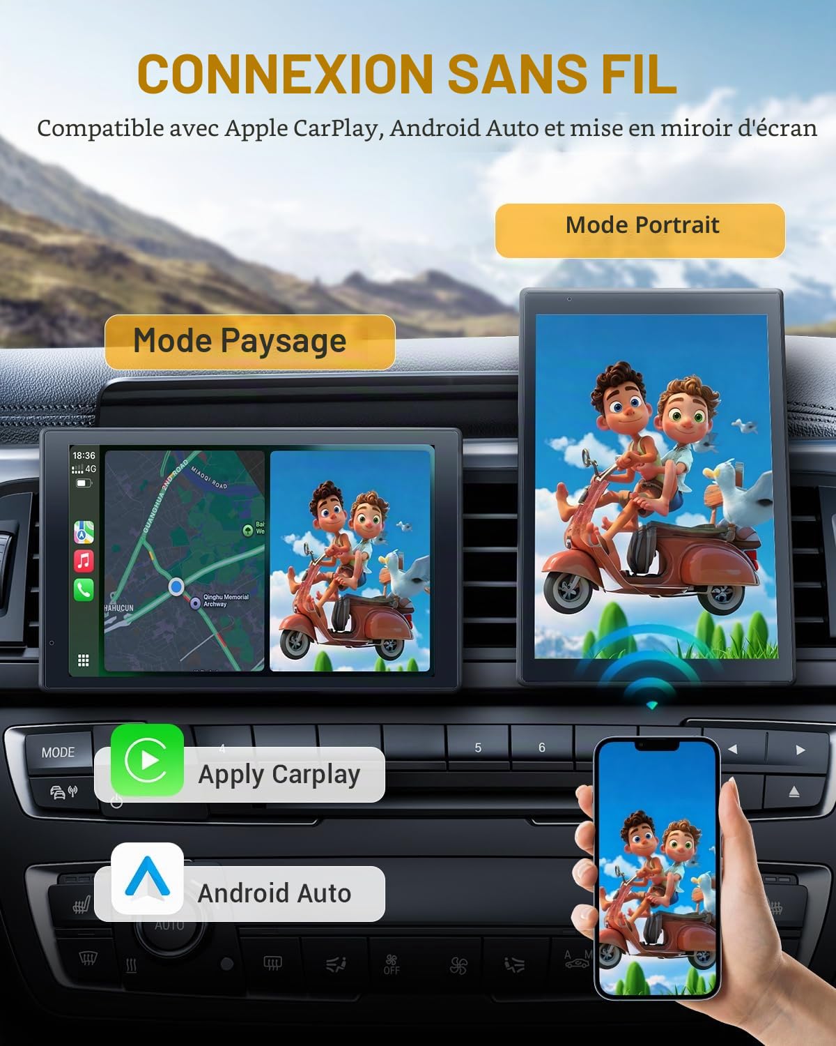 8 Pouces Carplay sans Fil Écran Carplay Voiture Android Car Play avec Camera de Recul pour Apple Ecran Tactile avec Mirror Link Navigation GPS Commande Vocale Entrée AUX FM