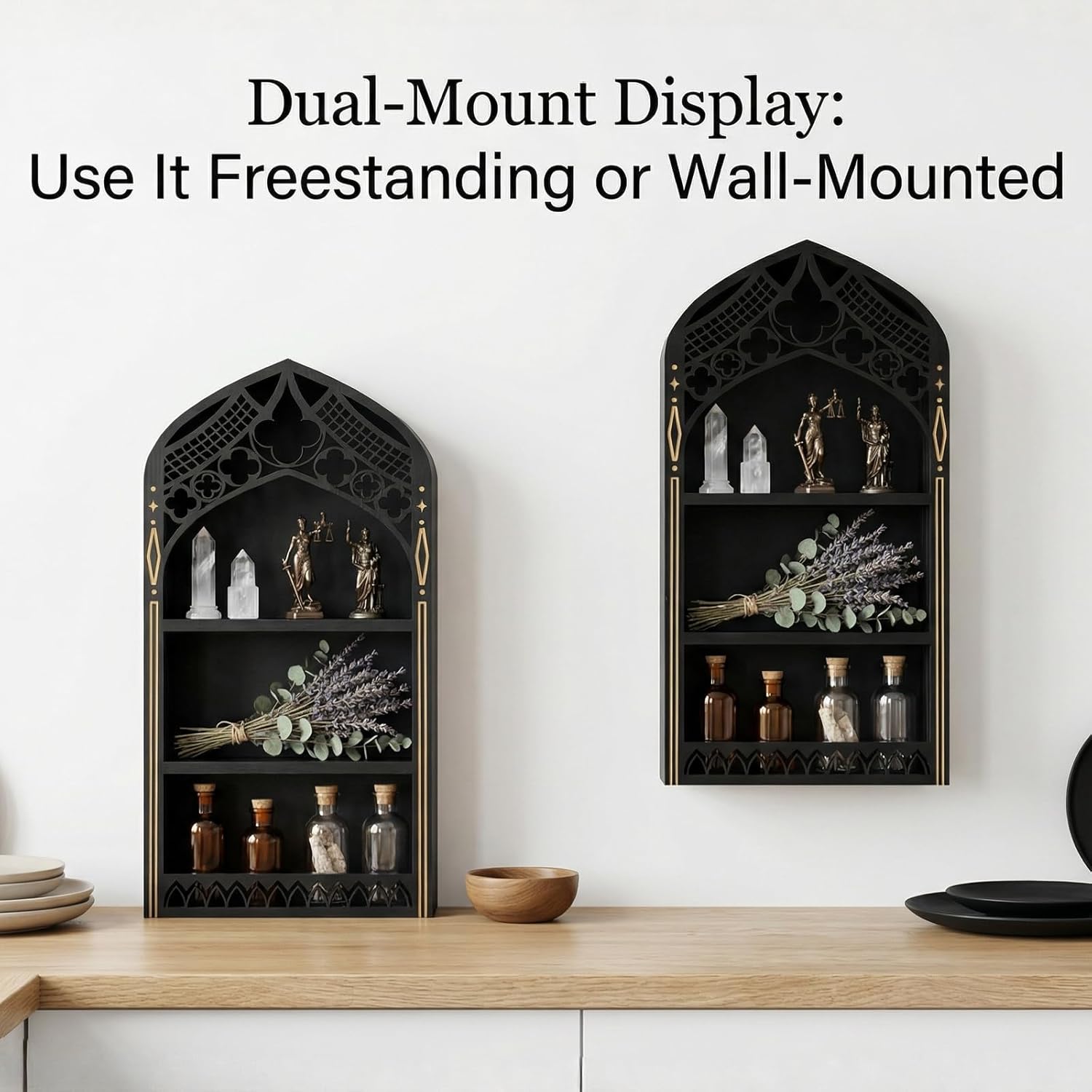 Gothic Window Crystal Display Shelf, 1.96" Deep Wooden Wall Mounted Gemstone Crystal Holder, Witchy Decor Trinket Organizer for Healing Stones -2026 Upgraded (Window-7.9" W x 15.7" H)