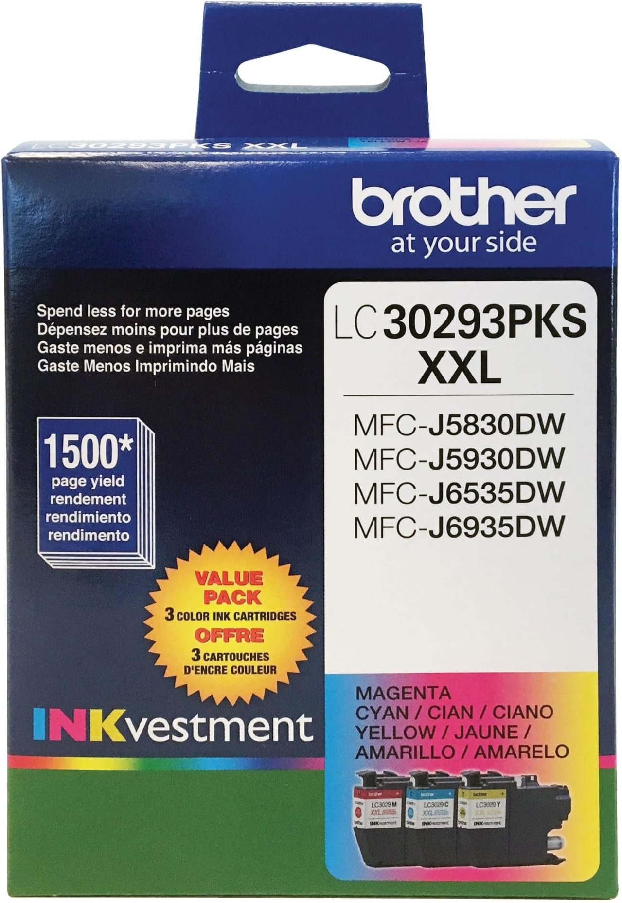 Brother LC3029 Color C/M/Y Ink Cartridges (LC30293PKS), Super High Yield, 3/Pack,Cyan/magenta/yellow