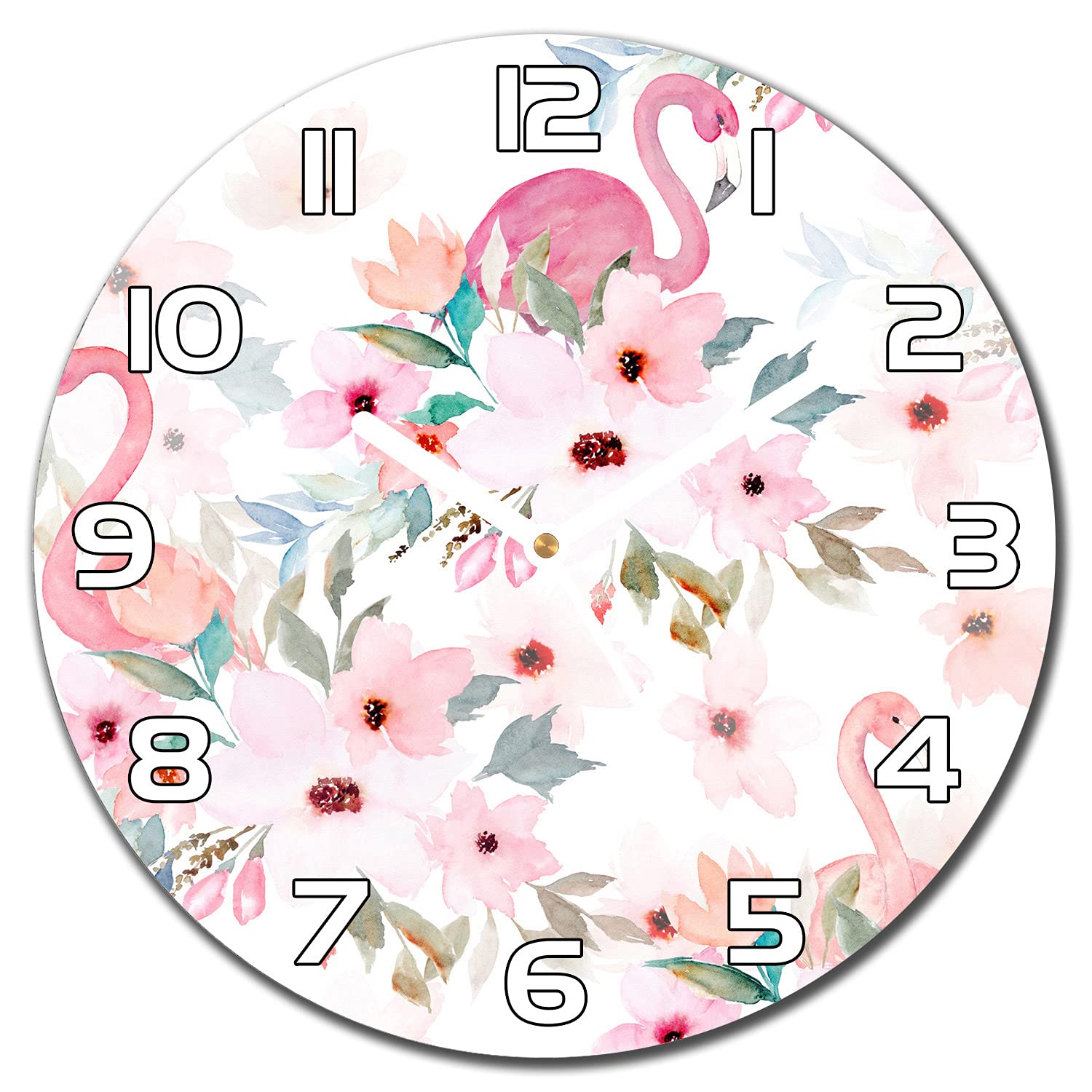 Horloge de salon en verre imprimé fleurs roses et flamingo 30cm