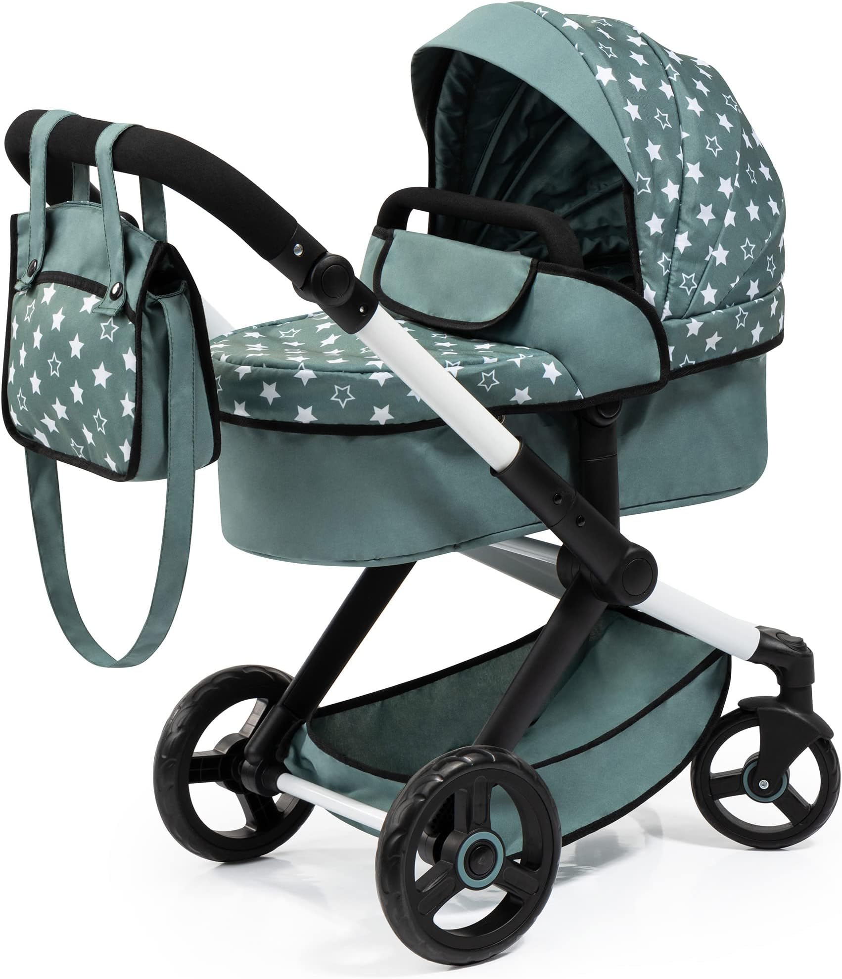BAYER Design 17058AA Combi Dolls pram Xeo, Stroller, Height-Adjustable Handle, Convertible, Bag, Green, Star,Medium