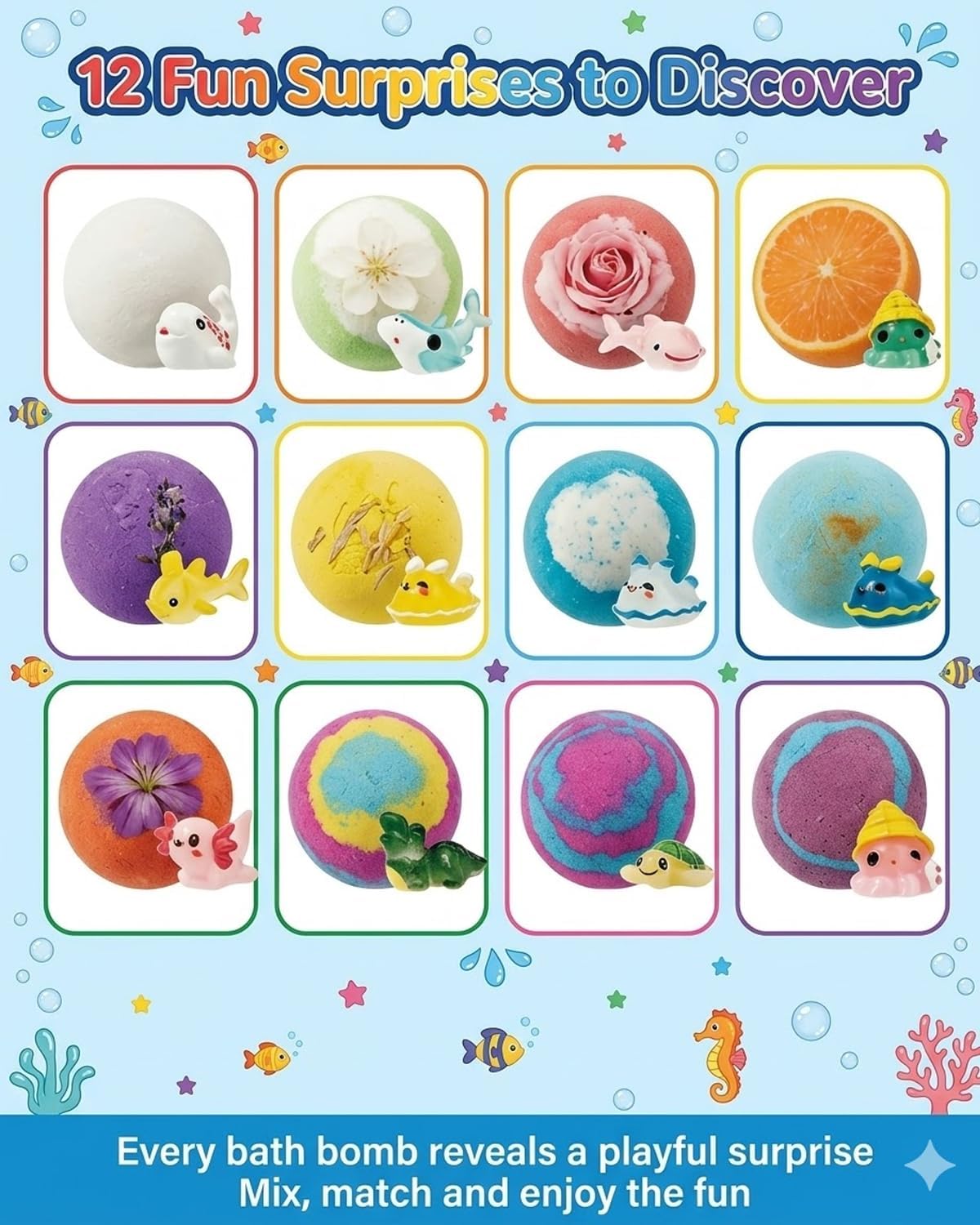 Natural Bath Bombs for Kids with Toys Inside,12 Pack Hidden Ocean Animals Surprise Fizzies Egg,Sea Salt Color Changing Bubble Spa Balls,Easter Basket Stuffer Gift Set for Girls Boys (12PCS)