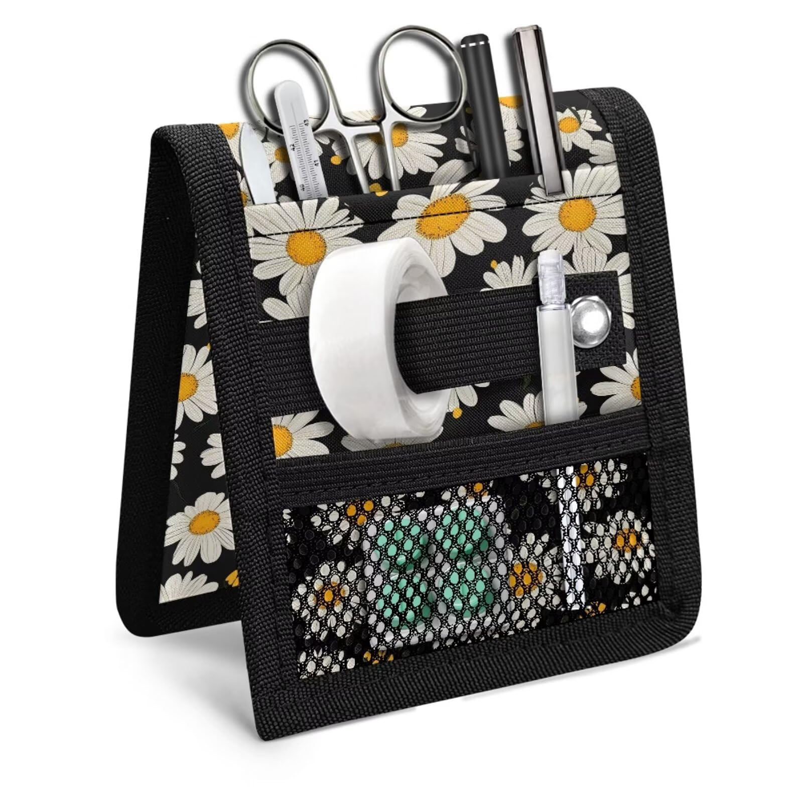 Baxinh Daisy Printed Nurse Pocket Organizer Black Pocket Protectors, Portable Pocket Protector for Lab Coats 3 Pockekt Hospital Bag Organiser Pouches Pen Protector for Nurse — image 1