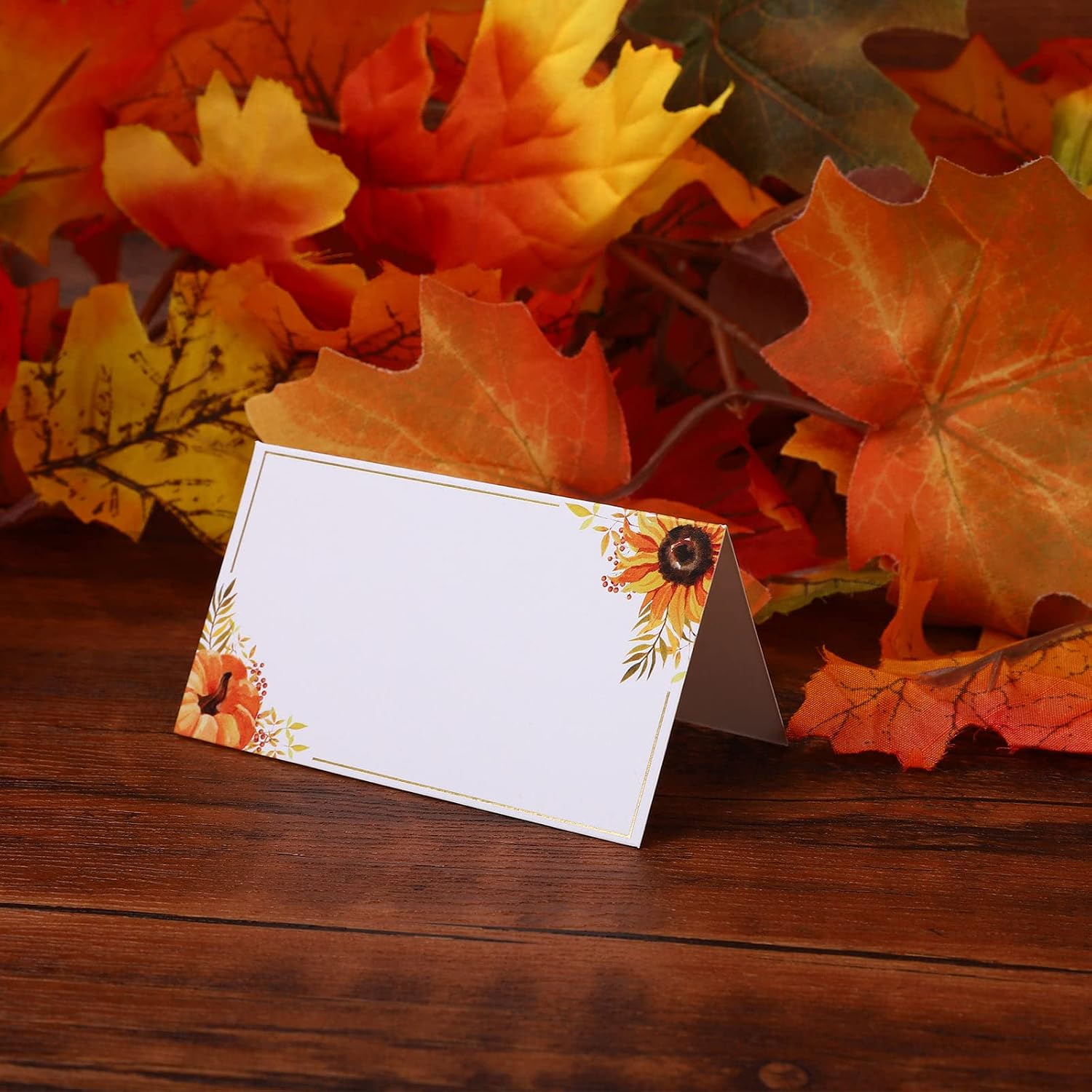 Whaline 50Pcs Thanksgiving Fall Place Cards Sunflower Pumpkin Tent Name Card with Gold Foil Edges Blank Seating Assignment Label Cards for Autumn Wedding Baby Shower Party Table Setting