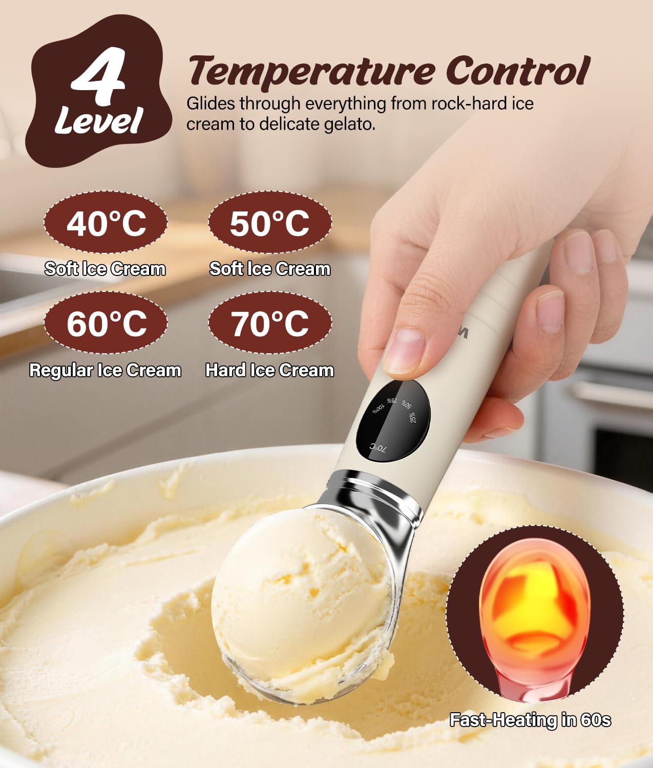 Cuillère à Glace Électrique, WADEO Cuillère à Crème Glacée Chauffante avec Écran LED, 4 niveaux de Chaleur 40-70°C & Étanche IP67, Tête Amovible Cuillère à Glace pour Prélever Facilement Glace Dure