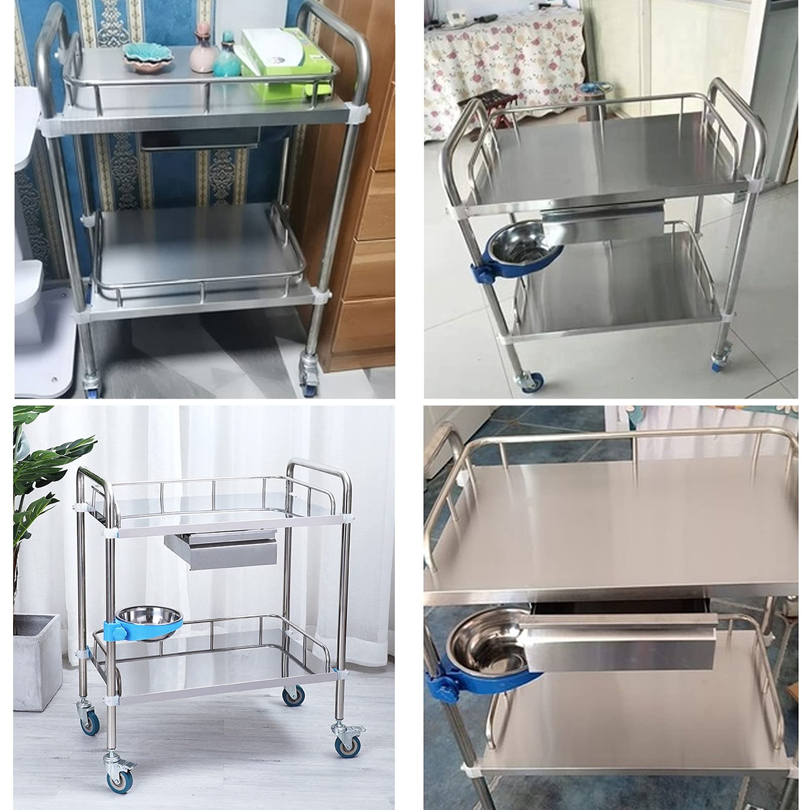 Carrello di Servizio, Carrello di Servizio in Acciaio Inossidabile, Carrello di Servizio a 2 Livelli con cassetto, Carrello di stoccaggio Staccabile con Ruote bloccab,B-61 * 41 * 91Cm