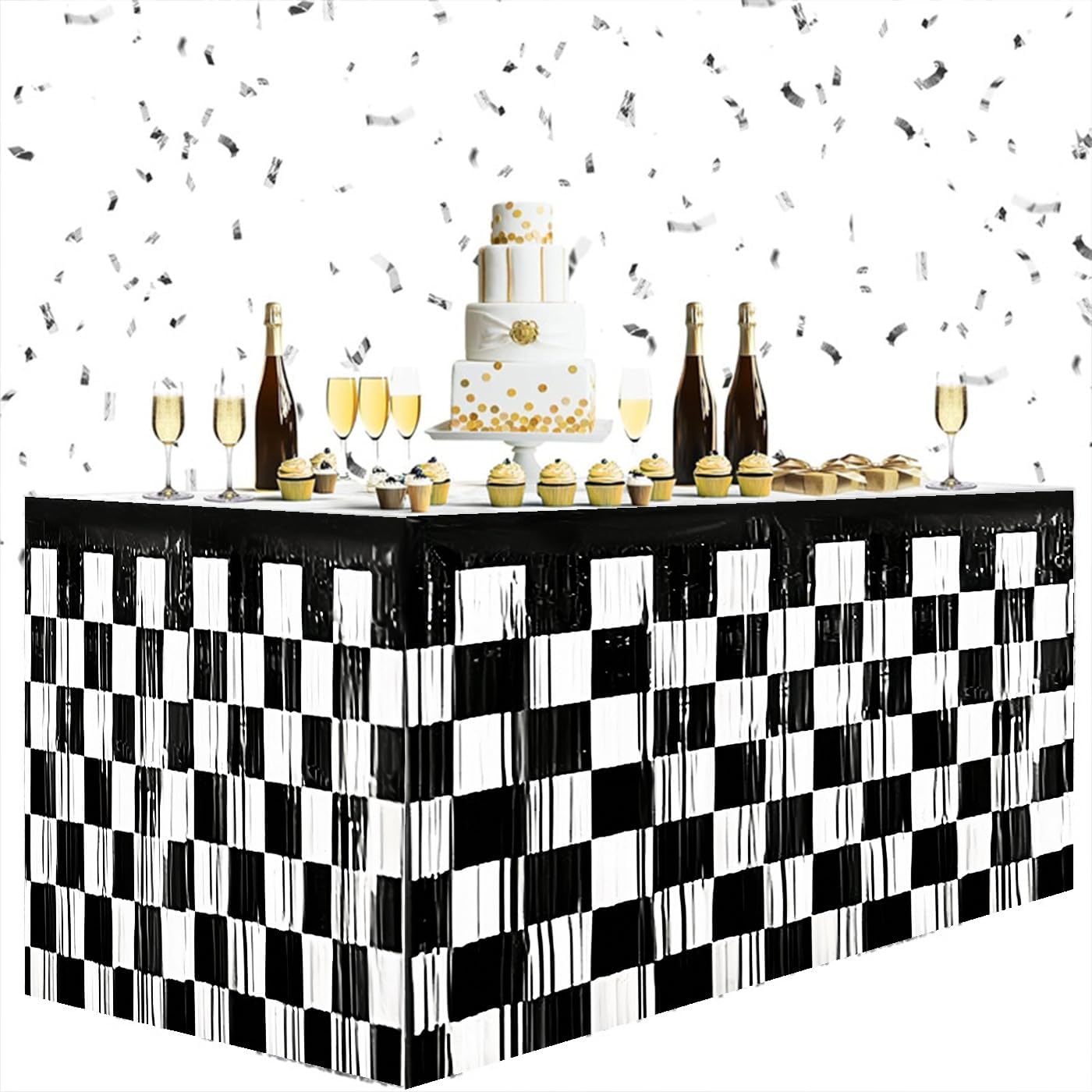 2PCS Race Car Checkered Metallic Foil Table Skirt (29.5" x 108") – Black & White Tinsel Streamers for Racing Birthday Party Desk Skirt, Rectangle or Round Table Fringe, Two Fast/Rookie Year Theme