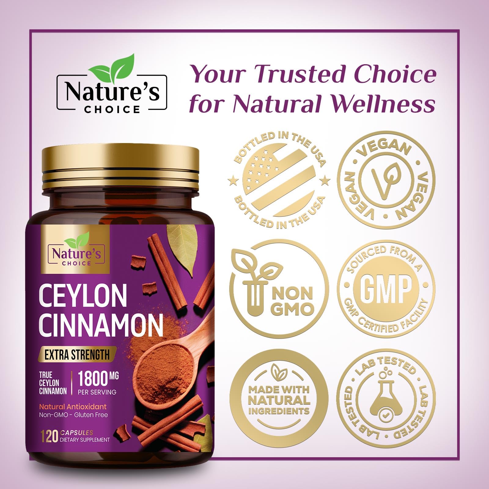 Ceylon Cinnamon Capsules - Certified Organic Ceylon Cinnamon Powder - 100% Extra Strength Cinnamon Pills - Energy & Heart Support - Gluten Free & Sugar Free Supplement - Bottled in USA - 120 Capsules — Amazon image 4