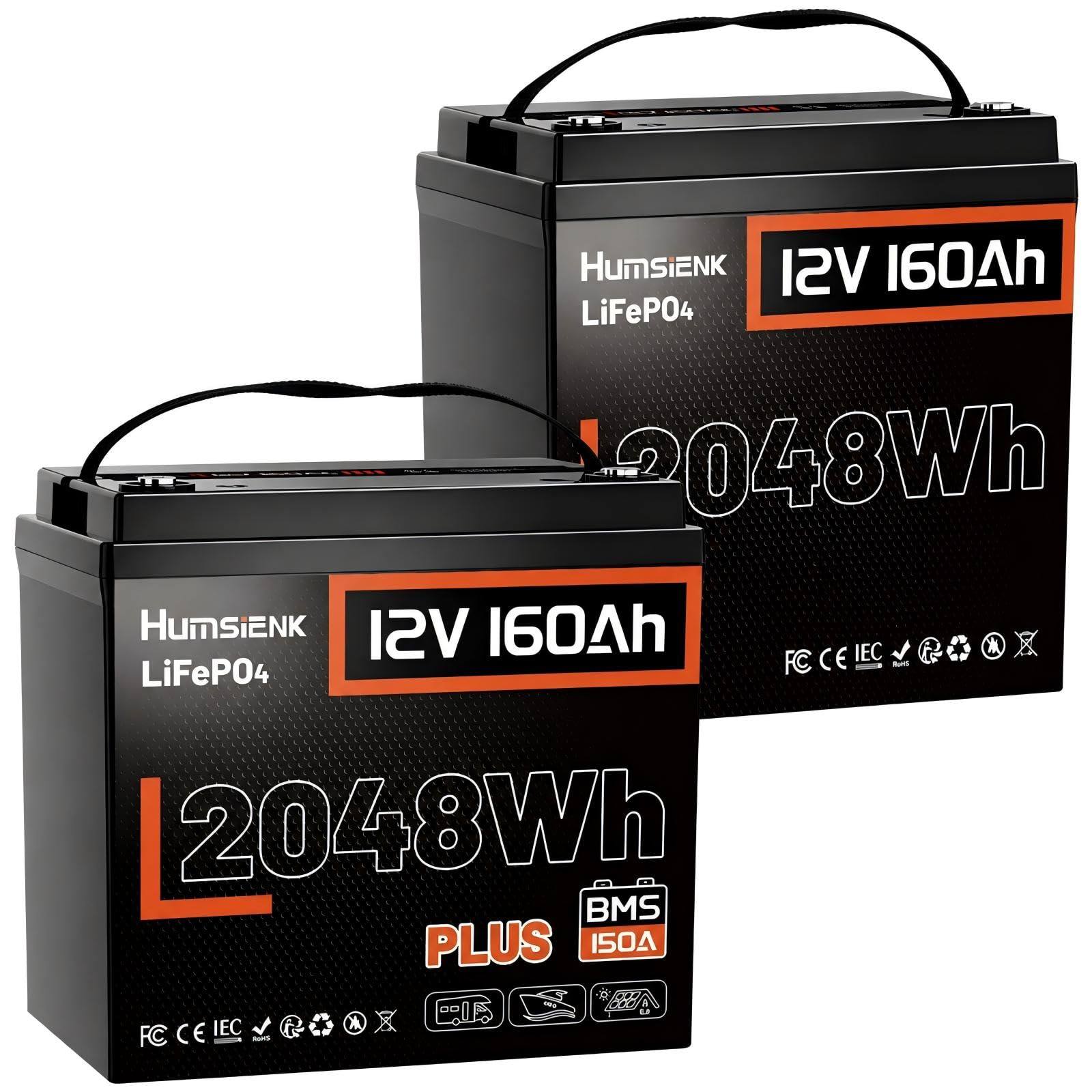 HumsiENK 2 Pack 12V 160Ah (150Ah) Plus LiFePO4 Lithium Battery, Deep Cycles
