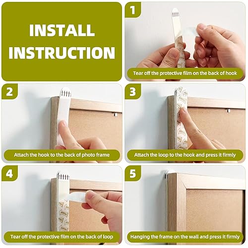 Miniatura 4 de 32 pares de tiras para colgar cuadros (64 tiras), tiras adhesivas de gancho y bucle, cinta adhesiva de doble cara para paredes, sin daños, adhesivo