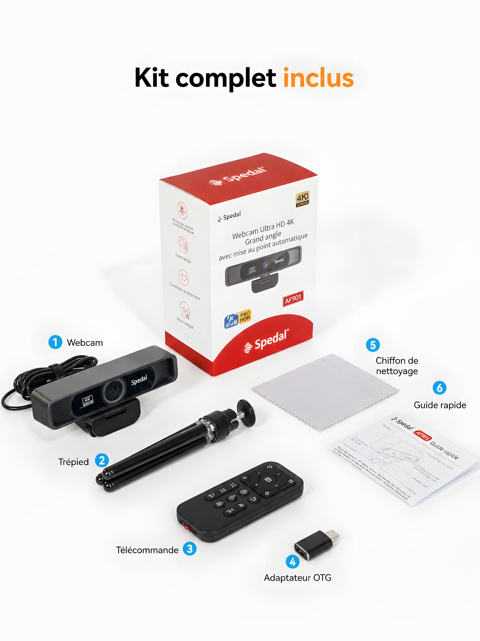 Spedal Webcam 4K Ultra HD 8 MP avec Zoom numérique 4× Grand Angle 120° Microphones à réduction de Bruit télécommande trépied Plug & Play USB-A/C pour Streaming
