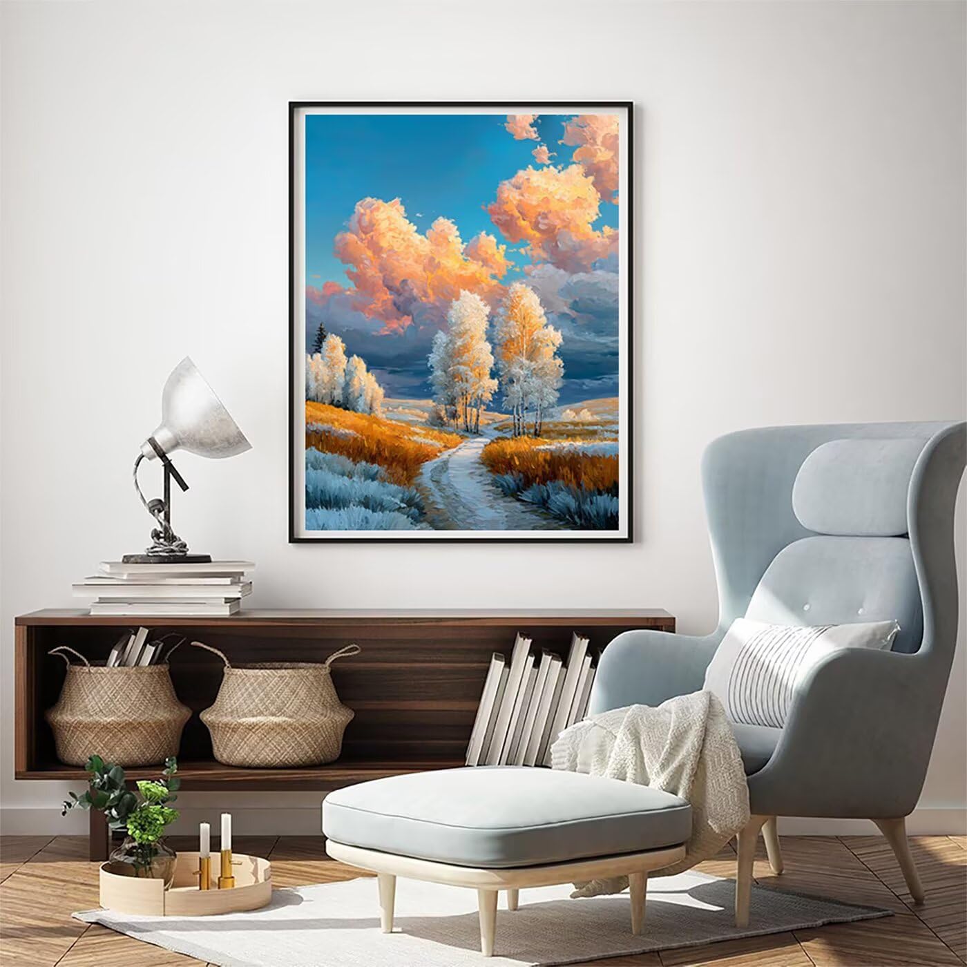 Landschaft Baum Malen Nach Zahlen Erwachsene, Paint by Numbers Adult Anfänger Set, Heimwerk Malen Nach Zahlen Kinder Mit Rahmen, 3 Pinsel und 36 Acrylfarbe Als für Deko Wohnzimmer 60 x 80 cm BJHDK326