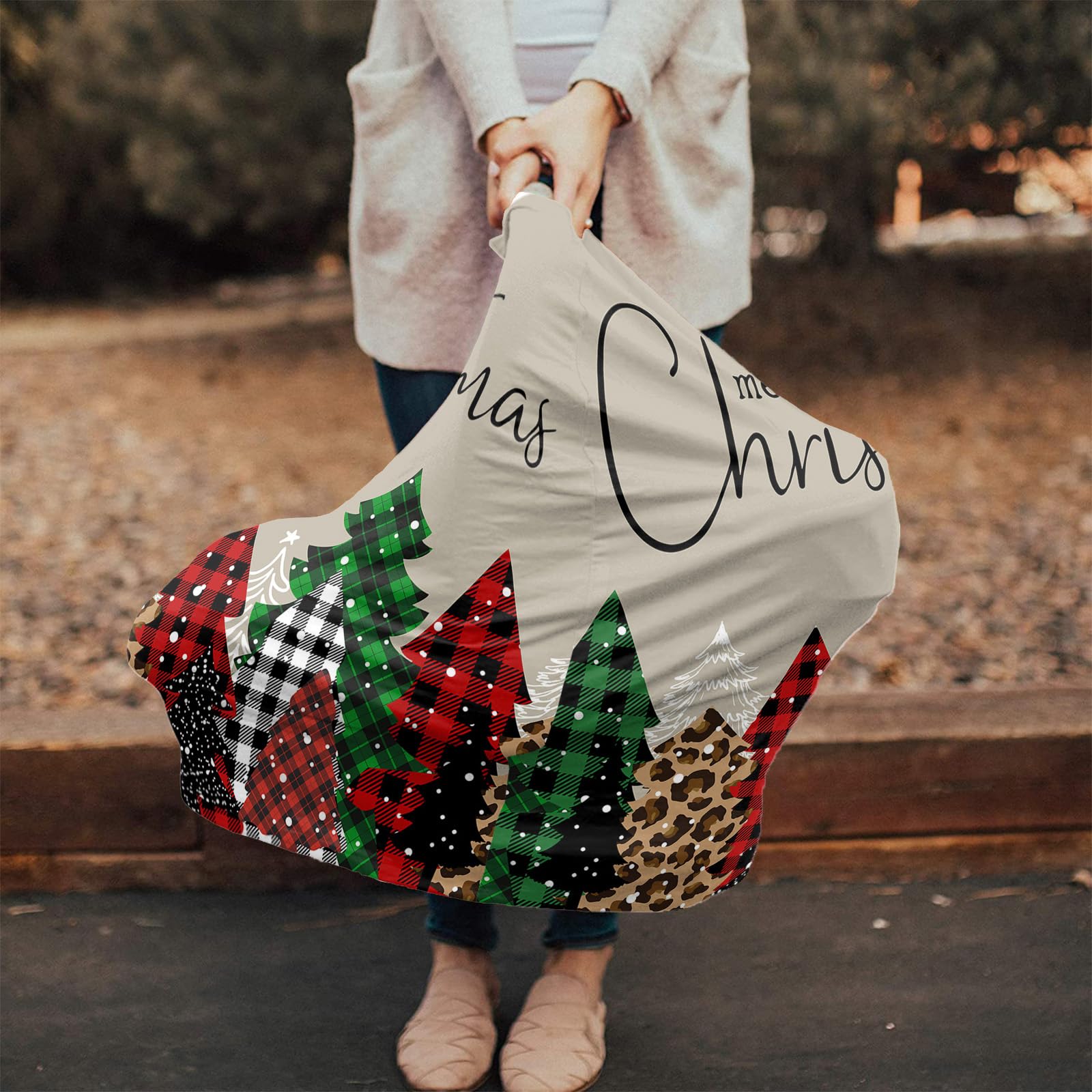 Nursing Cover for Breastfeeding Scarf, Christmas Green Plaid Leopard Print Xmas Tree Baby Car Covers Super Soft Multi Use for Canopy Shopping Cart Cover Blanket Stroller Cover