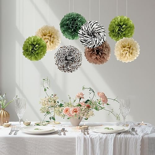 Miniatura 3 de ANSOMO Jungle Safari Tissue Paper Pom Poms Wild Animal Leopard Zebra Print Cheetah Party Decorations Sage Green Brown Flowers Wall Hanging Décor