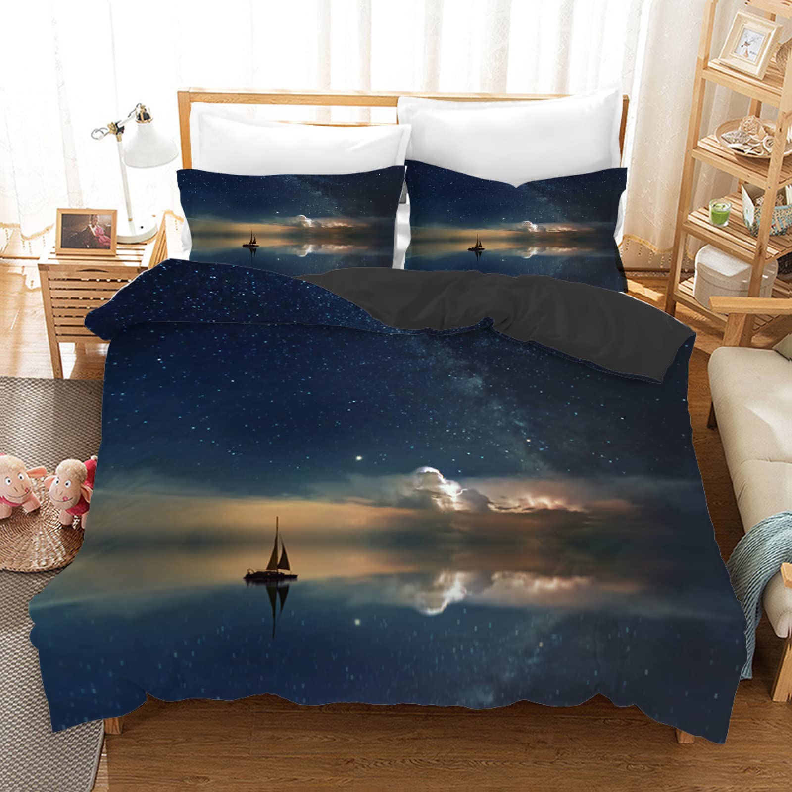 Housse de couette 160x200 anti-glissement avec zip invisible et tissu sans repassage