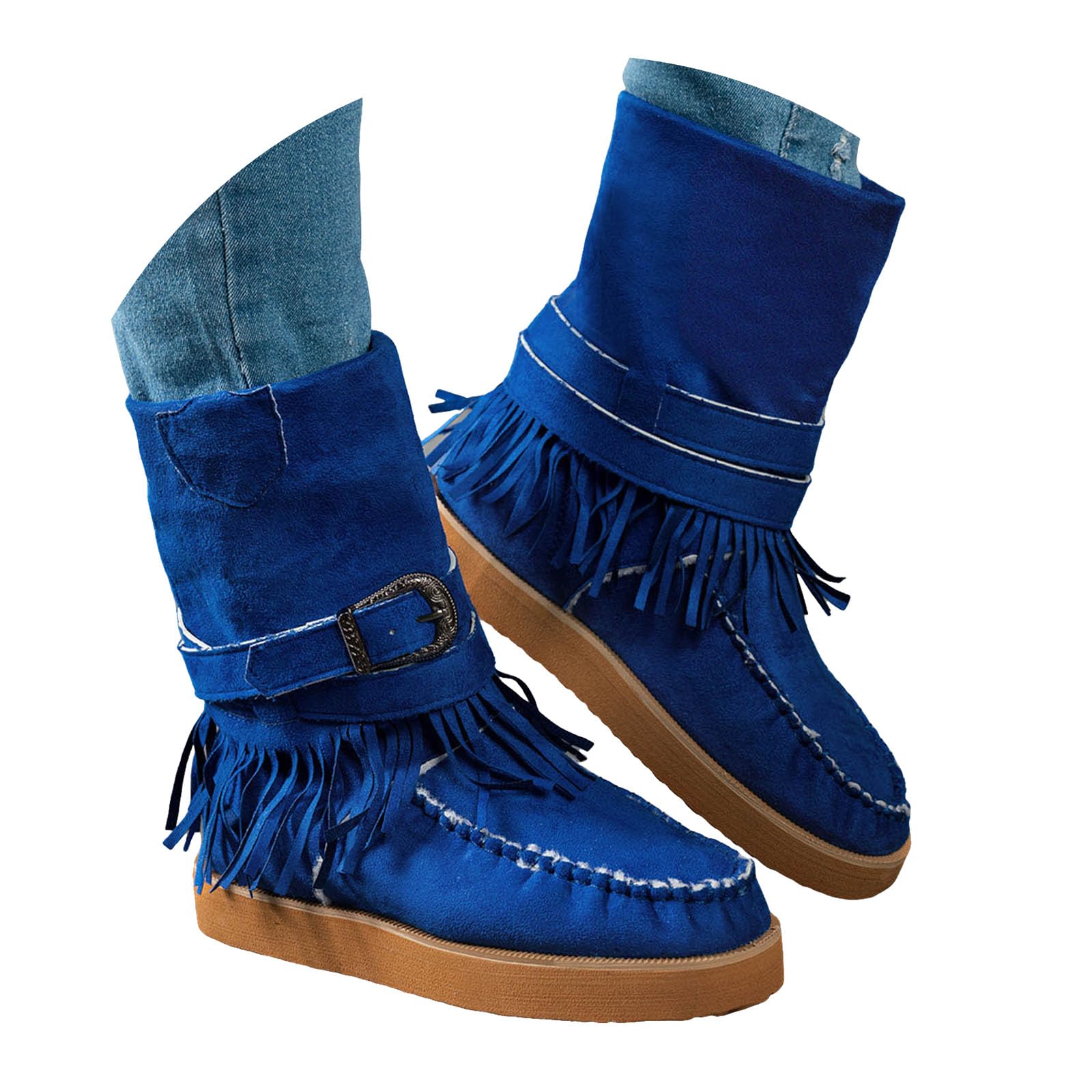 ZSpzx Women Fringe Mid Calf Boots Slouchy Suede Wide Calf Platform Chunky Heels Buckle Straps Round Toe Solid