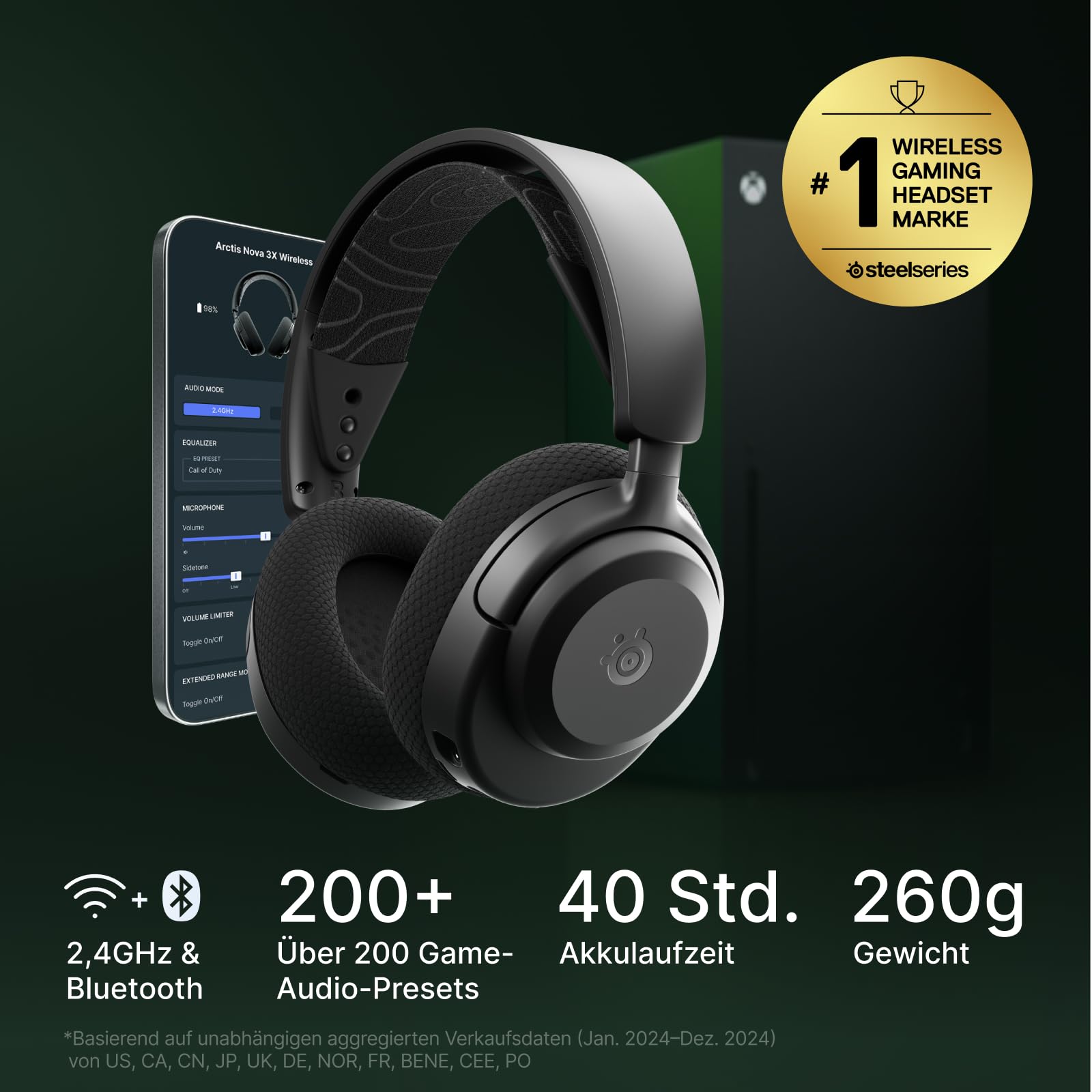 SteelSeries Arctis Nova 3X Wireless Gaming-Headset – App-Steuerung – 40 Std. Akku – Neodym-Magnet-Treiber – 2,4 GHz/Bluetooth – Abnehmbares Mikrofon – Xbox, PS5, PC, Switch, Mobilgeräte - Schwarz