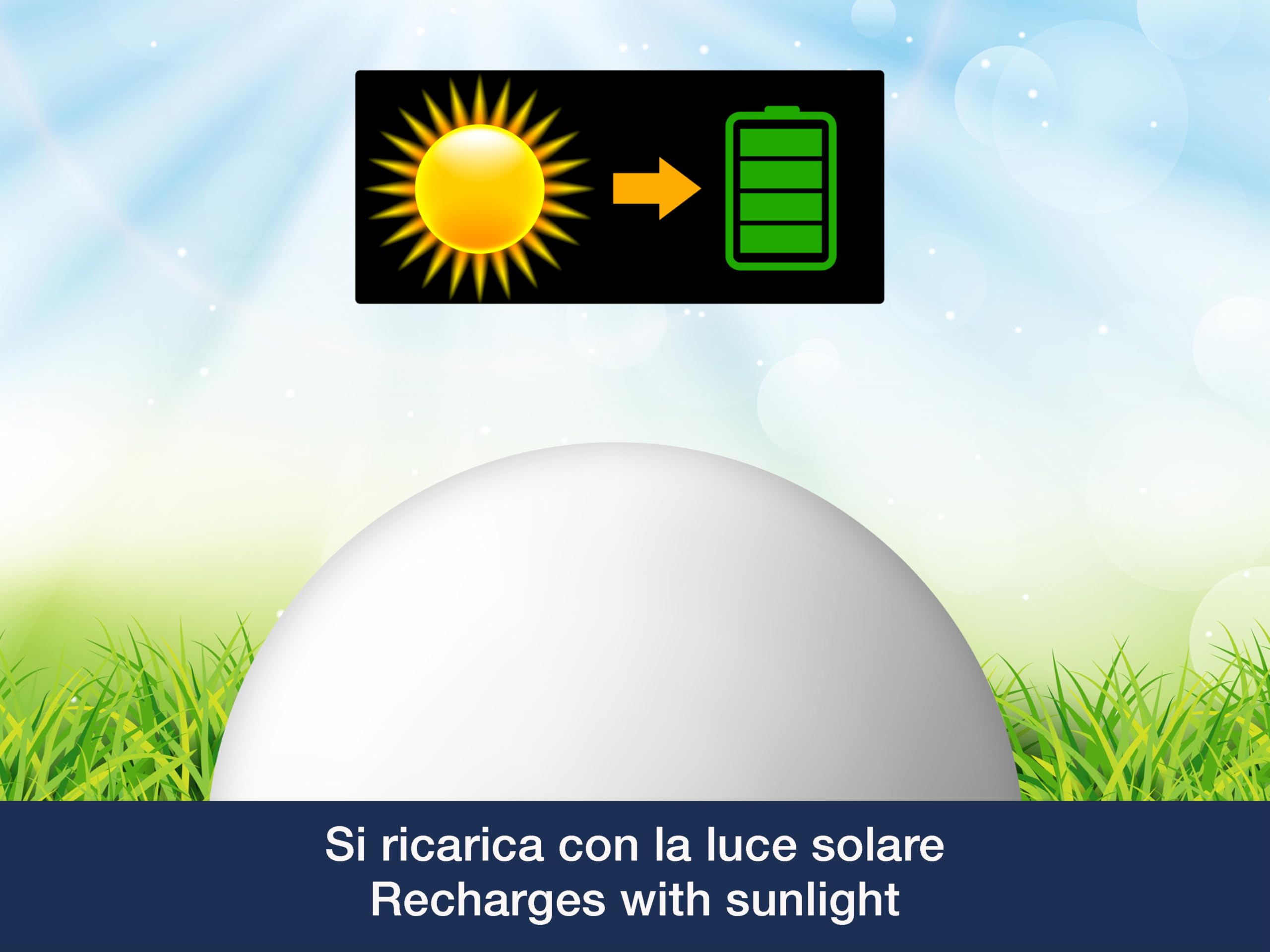 BEPER P207ILO225 Bola luminosa para jardín, LED RGB, luz blanca y multicolor con sensor crepuscular, resistente al agua IP44, alimentación solar, recargable, con pica para exteriores, diámetro 25 cm.
