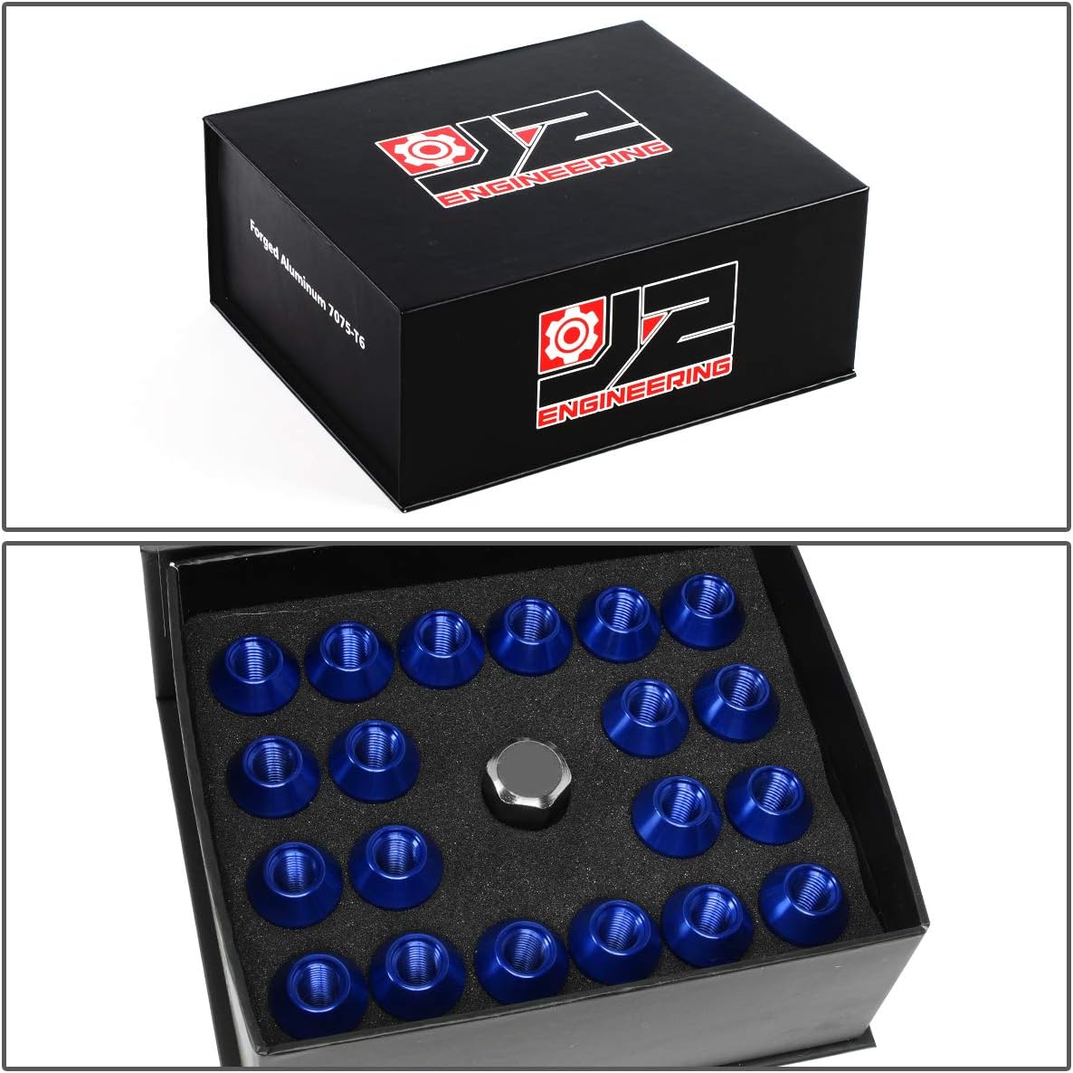 J2 Engineering LN-T7-021-15-BL Blue 7075 Aluminum M12 x 1.5 20Pcs L: 50mm Knurled Top Lug Nuts w/Adapter