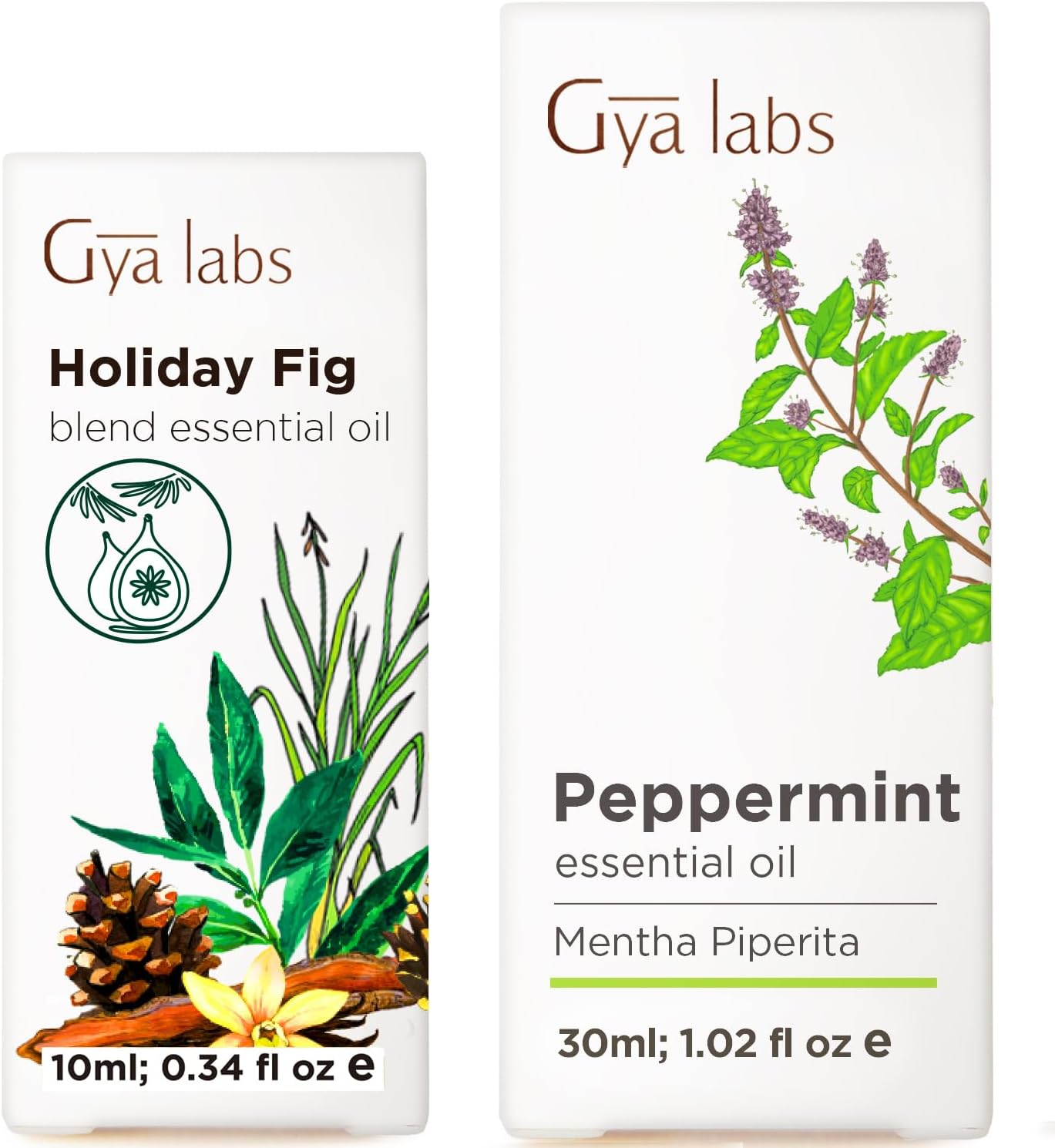 Holiday Fig Essential Oil Blend for Diffuser (0.34 fl oz) & Peppermint Oil for Hair (1 fl oz) Set - Aromatherapy Grade Essential Oils Set - Gya Labs