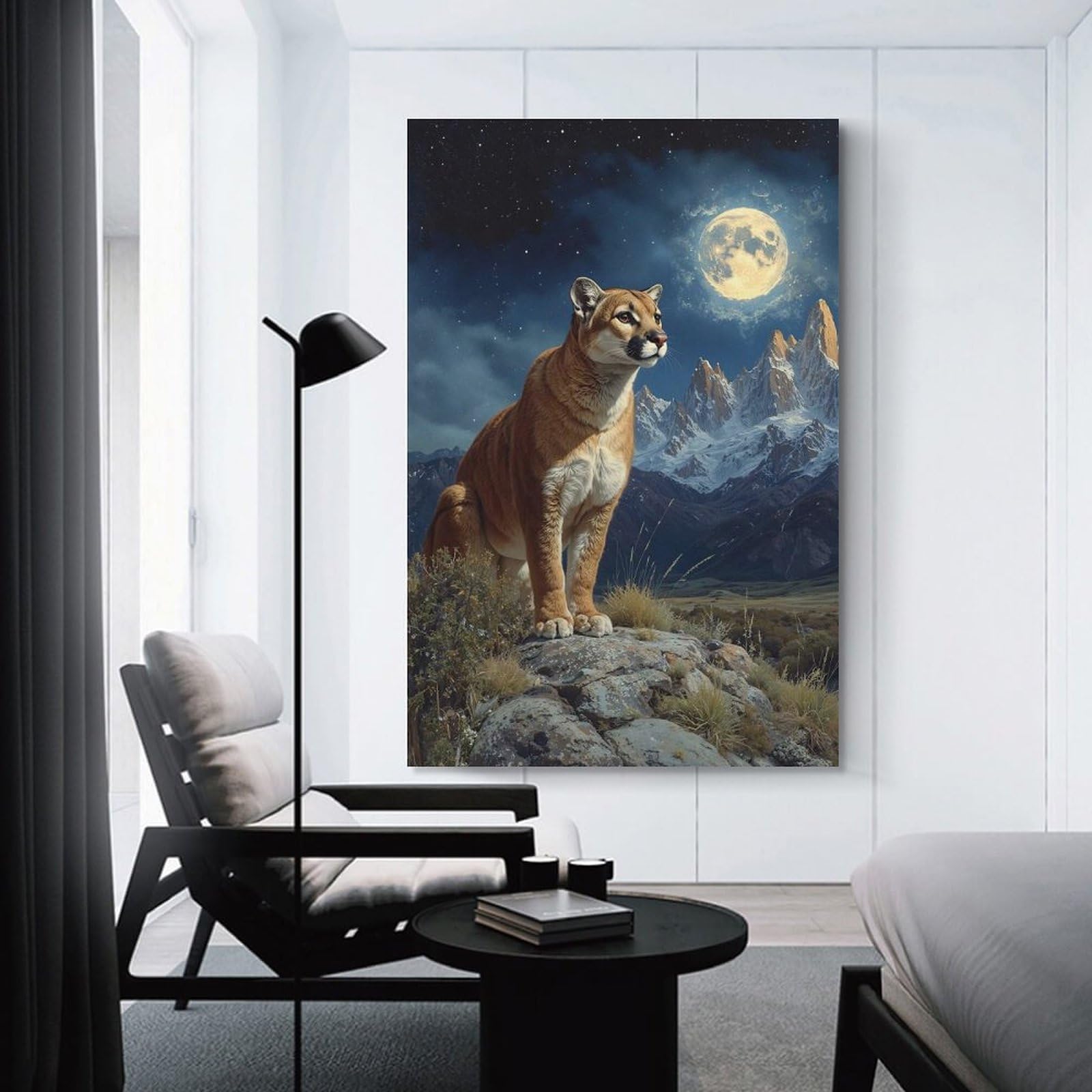 Junmoney Cougar Under The Moonlight Wall Art Print, 24x36inch(60x90cm), for Office, Study Or Home Workspace, Decorative Artwork for Productive Spaces