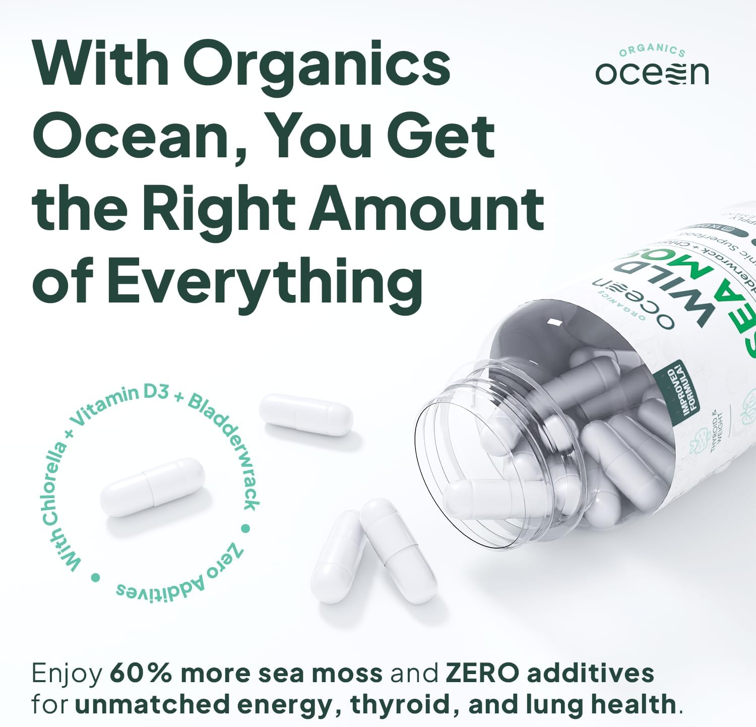 Organics Ocean Wild Sea Moss Capsules - 100% Organic Irish Sea Moss with Organic Chlorella, Bladderwrack and Vitamin D for Energy, Lung Health and Thyroid Support for Women and Men - 3 Bottles - Image 3