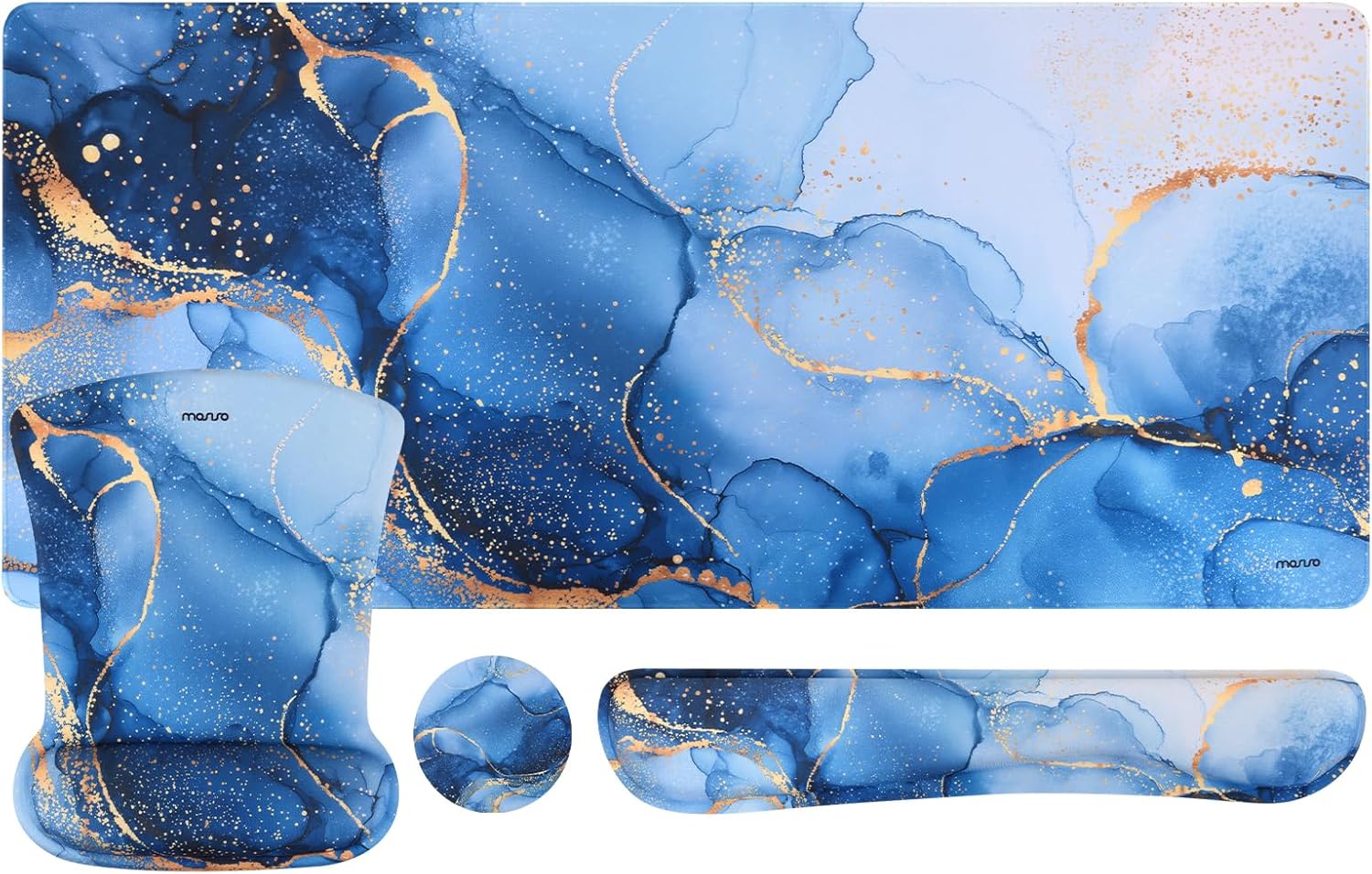 MOSISO Keyboard Mouse Pad Set, Large Gaming Mousepad&Keyboard Wrist Rest&Mouse Wrist Rest&Coaster, Ergonomic Non-Slip Mousepad with Silicone Lining for Home Office, Golden Ink Wash Blending