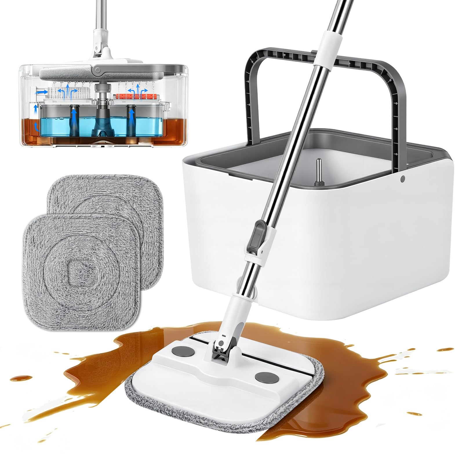 papasbox Wischmopp Set mit Eimer 2 Kammern Bodenwischer Wischer Boden | Auswringfunktion mit 2 Mikrofaser Pads Wischmop für Nass- & Trockenmopps für den Haushalt